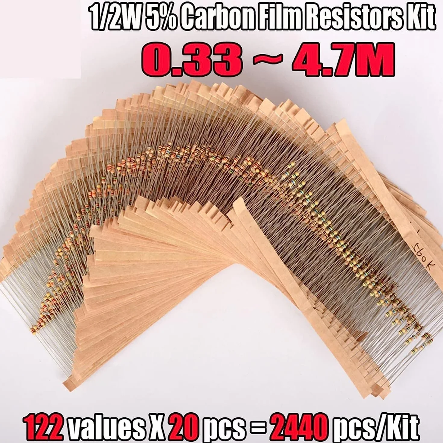 Elementi limitatori di corrente 2440Pcs 122Values ​​0.33-4.7M Ohm 1/2W 5Percent Carbon Film Resistori Assortimento Kit Componenti Elettronici Resistenza