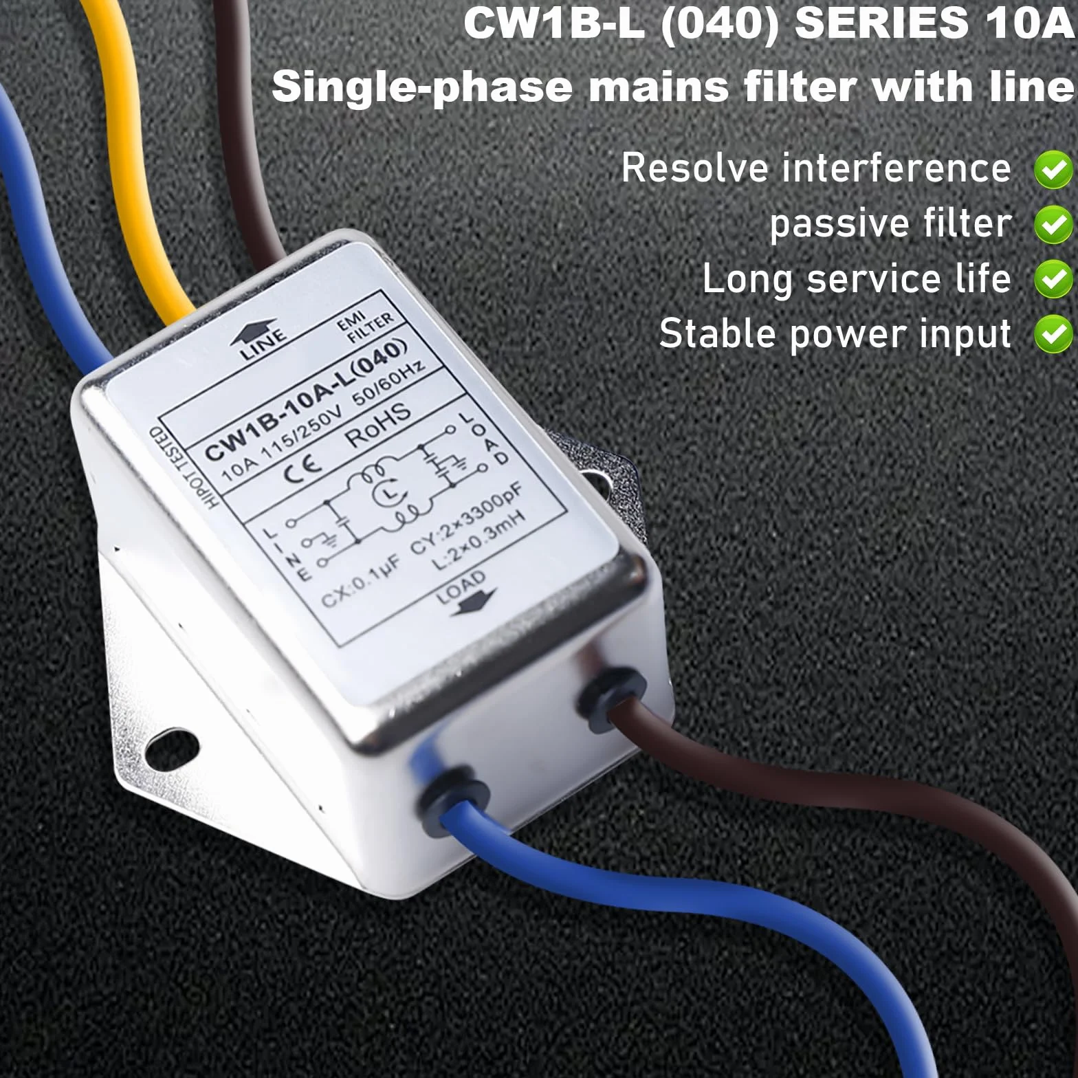 3 filtri EMI CW1B-10A-L - Filtro monofase 250 V 10 A, filtro elettromagnetico per la soppressione di disturbi impulsi continui e intermittenti