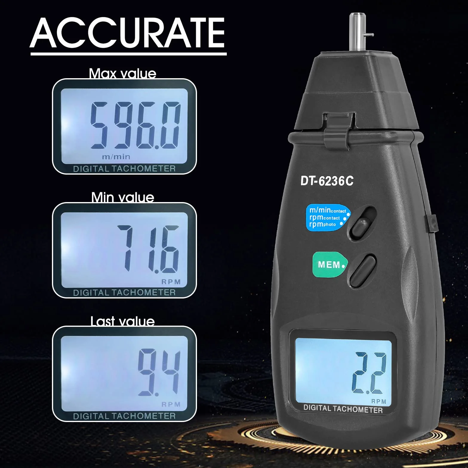 Tachimetro digitale tachimetro fotografico laser, tachimetro a contatto GR-6236C con funzioni di blocco dati Max/Min/AVG Misuratore velocità di rotazione fotografico con nastro riflettente