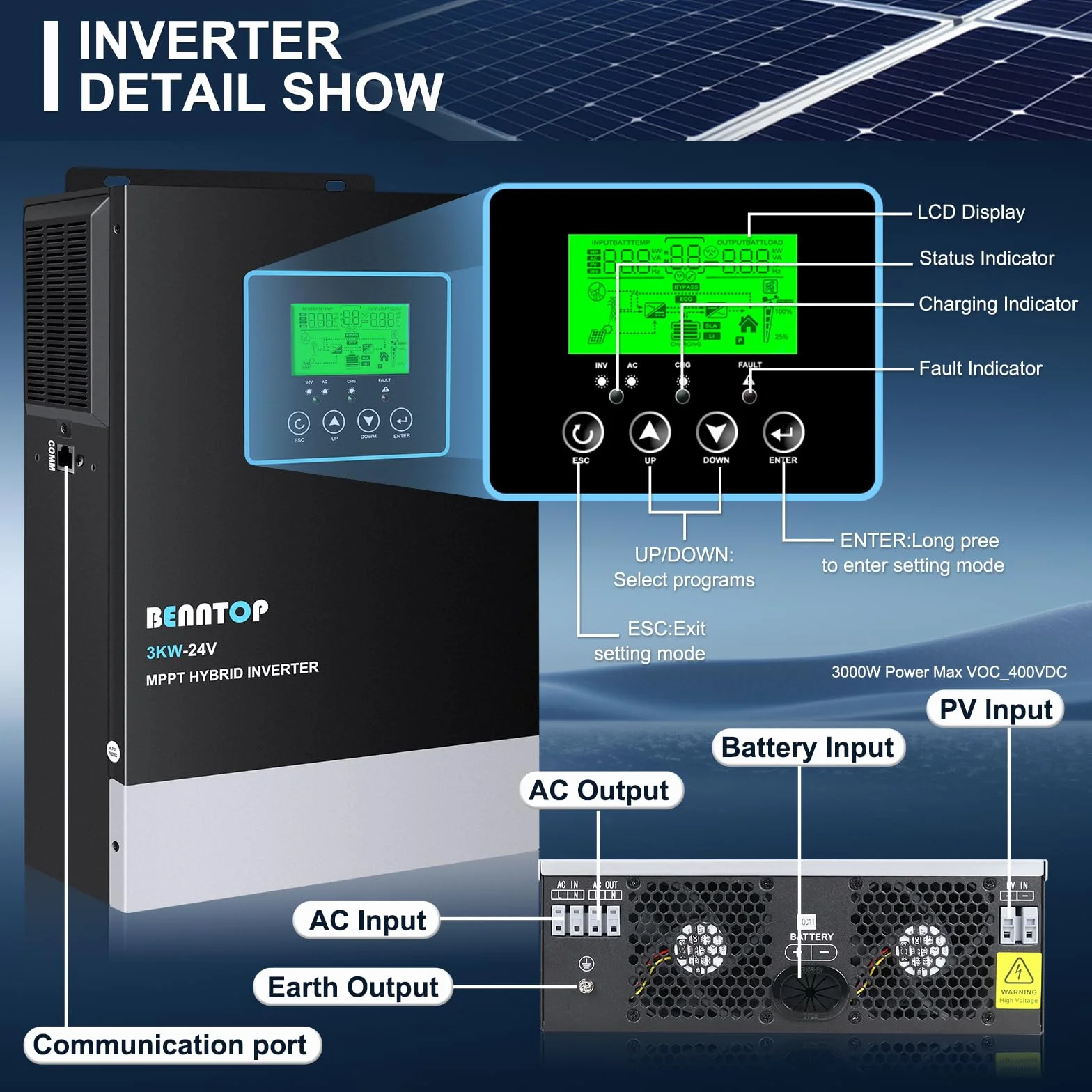 Inverter ibrido da 3000 W, 24 V DC a 230 V AC, pura sinus offgrid, inverter solare con regolatore solare MPPT da 80 A, max. ingresso PV 400 V, per batterie al piombo acido e al litio