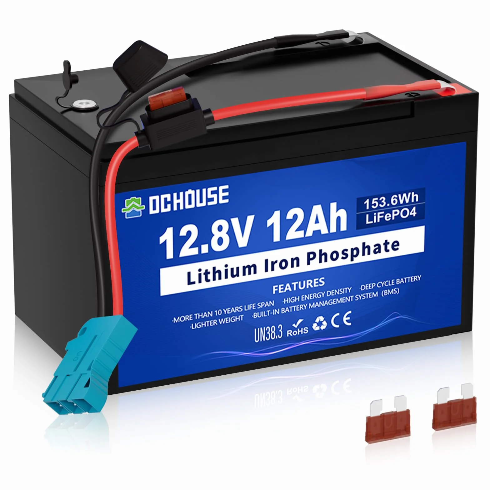 DCHOUSE Batería Litio 12V 12Ah, Conector de Arnés de Cables y Puerto DC, Batería LiFePO4 Recargable de 5000 Ciclos con BMS de 15A