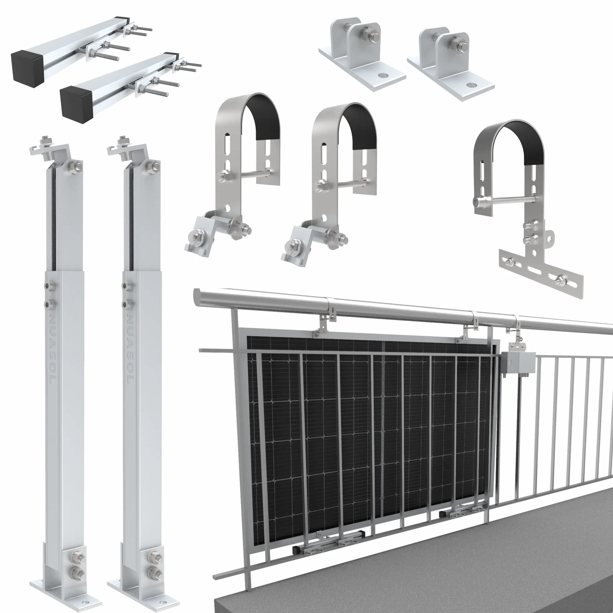 Supporto per centrale elettrica da balcone per ringhiera per 1 pannello solare, un inverter fotovoltaico | rotondo | Set | angolo di inclinazione 0° e 25-45° | diametro ringhiera fino a 80