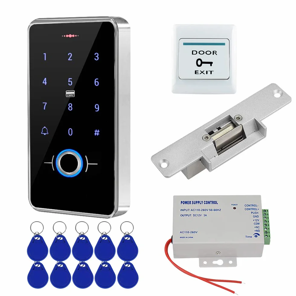 FST Kit Sistema di Controllo Accessi Porta Set Impronte Digitali Biometriche Tastiera RFID Impermeabile IP68 + Alimentatore K80 3A + Serratura Elettrica NC + 10pcs 13,56MHz RFID Keyfobs Cards