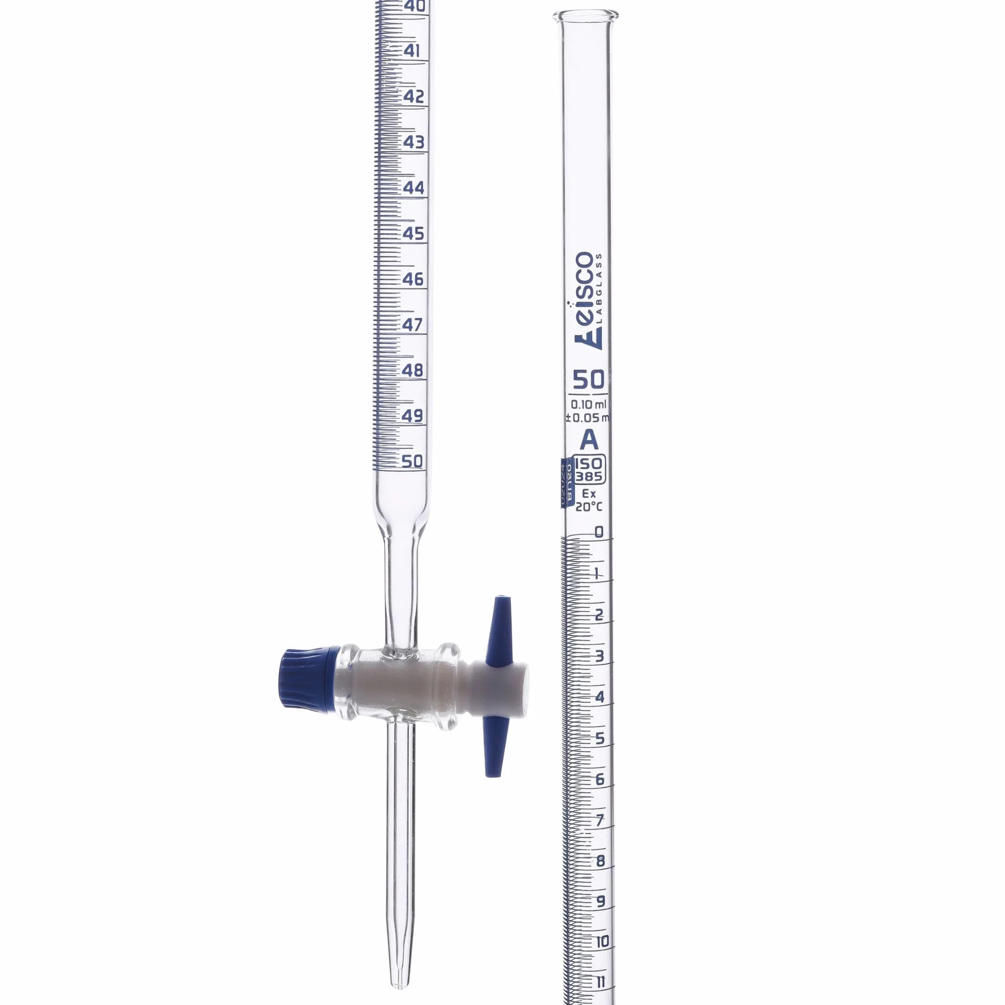 Eisco Labs - Buretta classe A ±0,05 ml, 50 ml, vetro borosilicato con rubinetto di arresto a chiave in PTFE, certificato ISO 385, elevata durata e resistenza chimica, buretta con rubinetto, buretta a