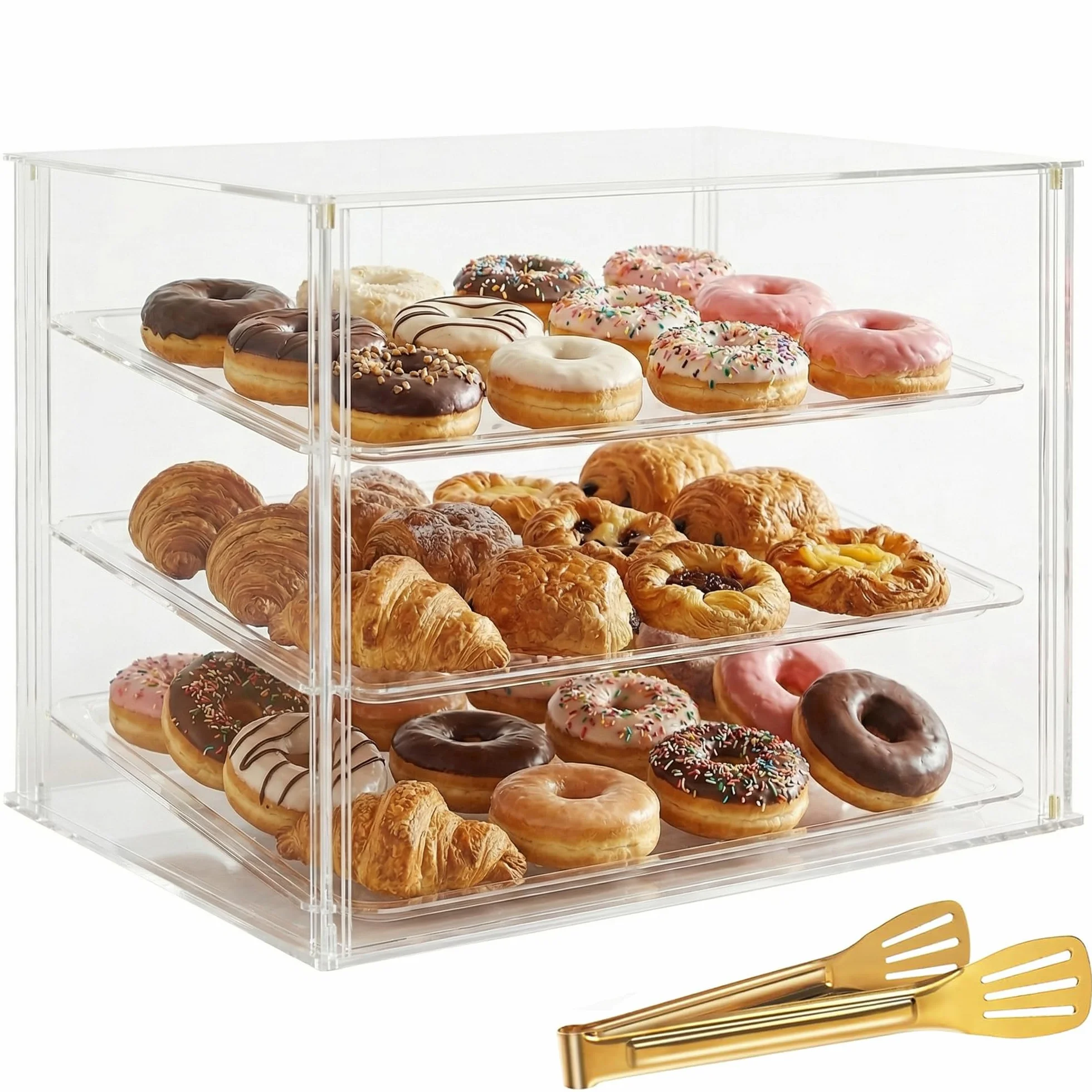 Espositore da banco per pasticceria a 3 vassoi con porte posteriori magnetiche - 52,8 x 40,1 x 42,9 cm Espositore per dolci in acrilico con vassoi rimovibili e pinze in acciaio, espositore per