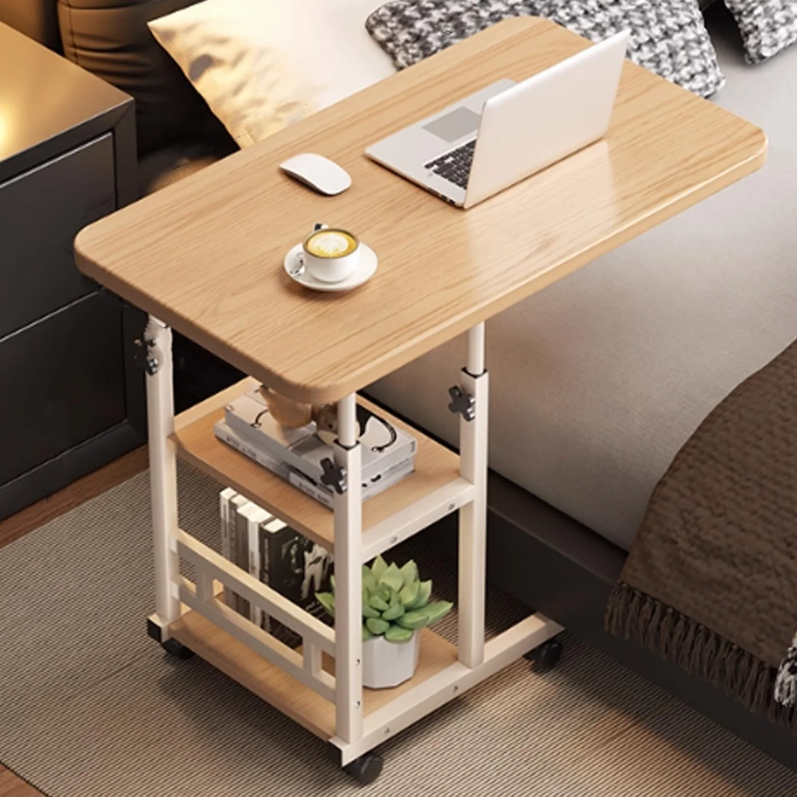 Tavolino da Letto con Ruote e Altezza Regolabile, Carrello for Laptop a 3 Livelli, Tavolino Laterale a Forma di C for Camera da Letto, Soggiorno, Ospedale(Natural,80cm/31.5in)