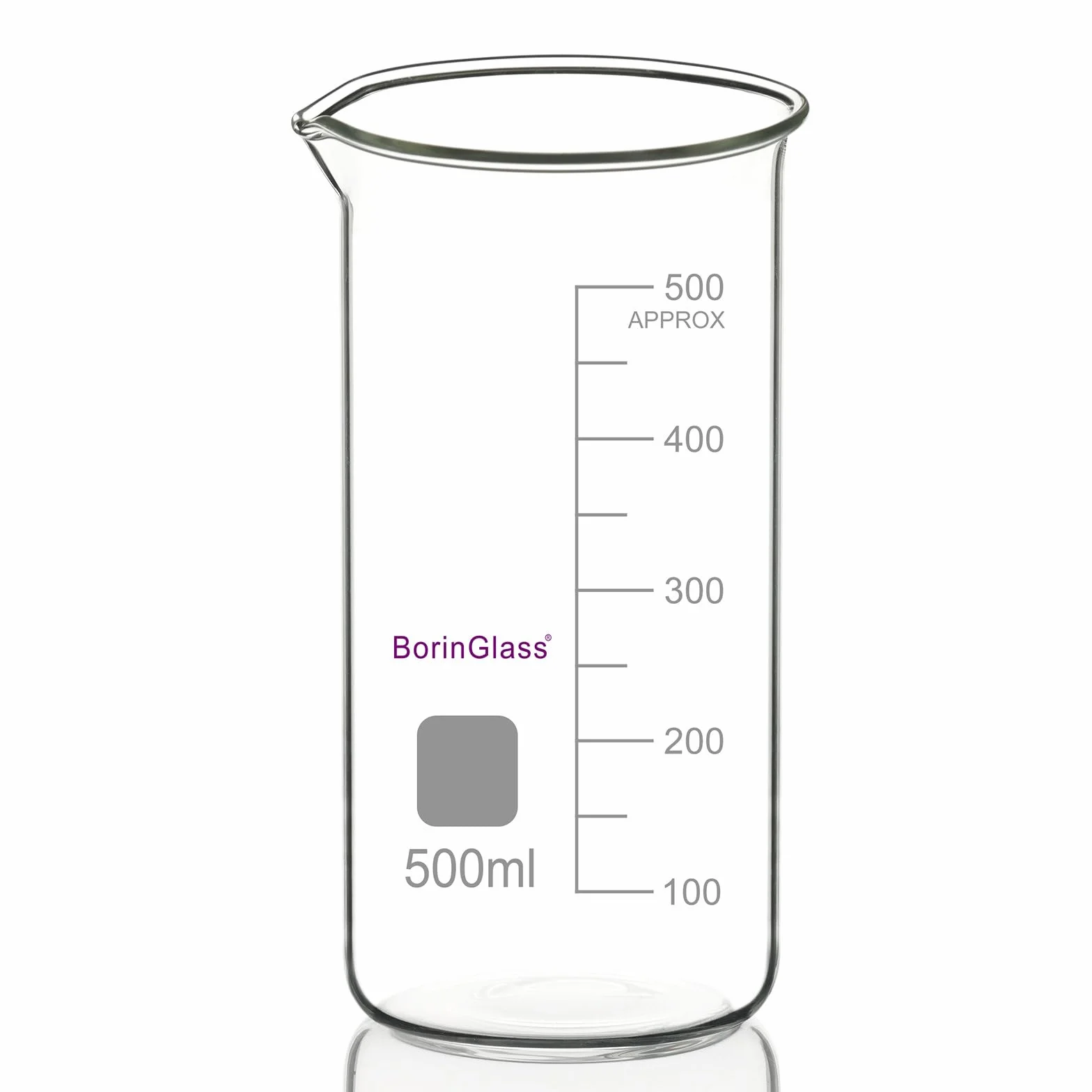 BorinGlass Becker da Laboratorio Alto in Vetro Borosilicato ad Alta Resistenza con Becco Versatore - 1 Pezzo da 500 ml Graduato