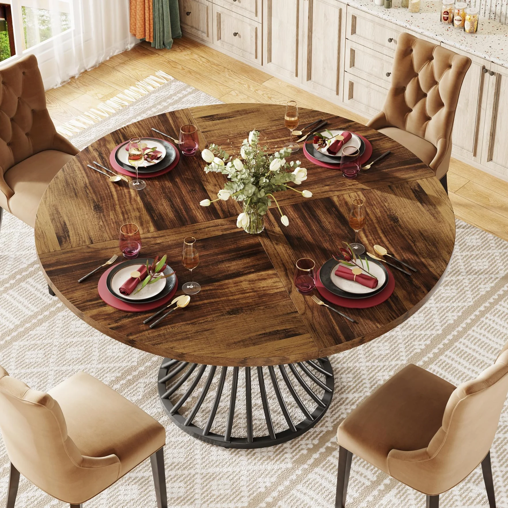 Tribesigns Tavolo da pranzo rotondo da 120 cm, per 4-6 persone, stile rustico e design industriale, stabile base in metallo per cucina e soggiorno, nero-marrone