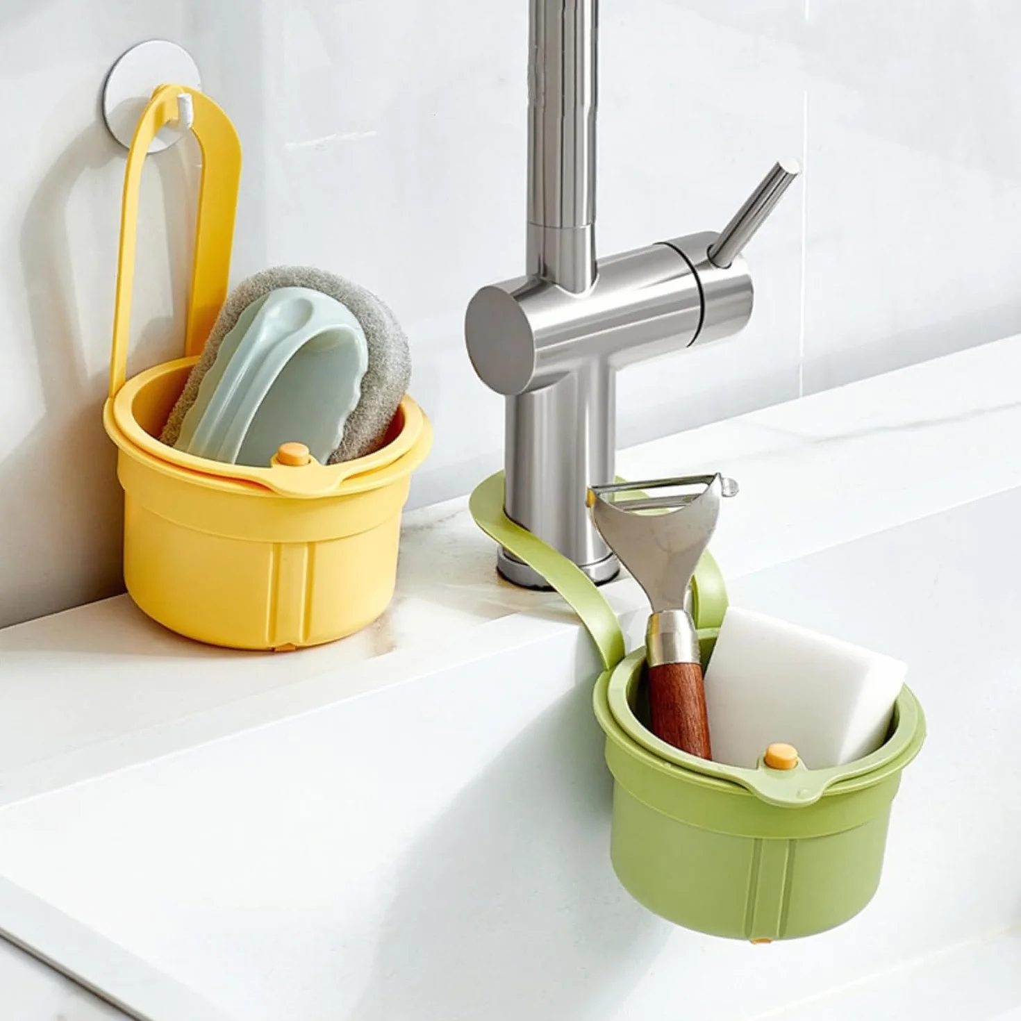 Scolapasta a Scatto per Lavello,Colino per lavello, filtro di scarico 3 in 1, Cestino filtro rimovibile per lavare e scolare,per Cucina, Lavandino (Giallo)