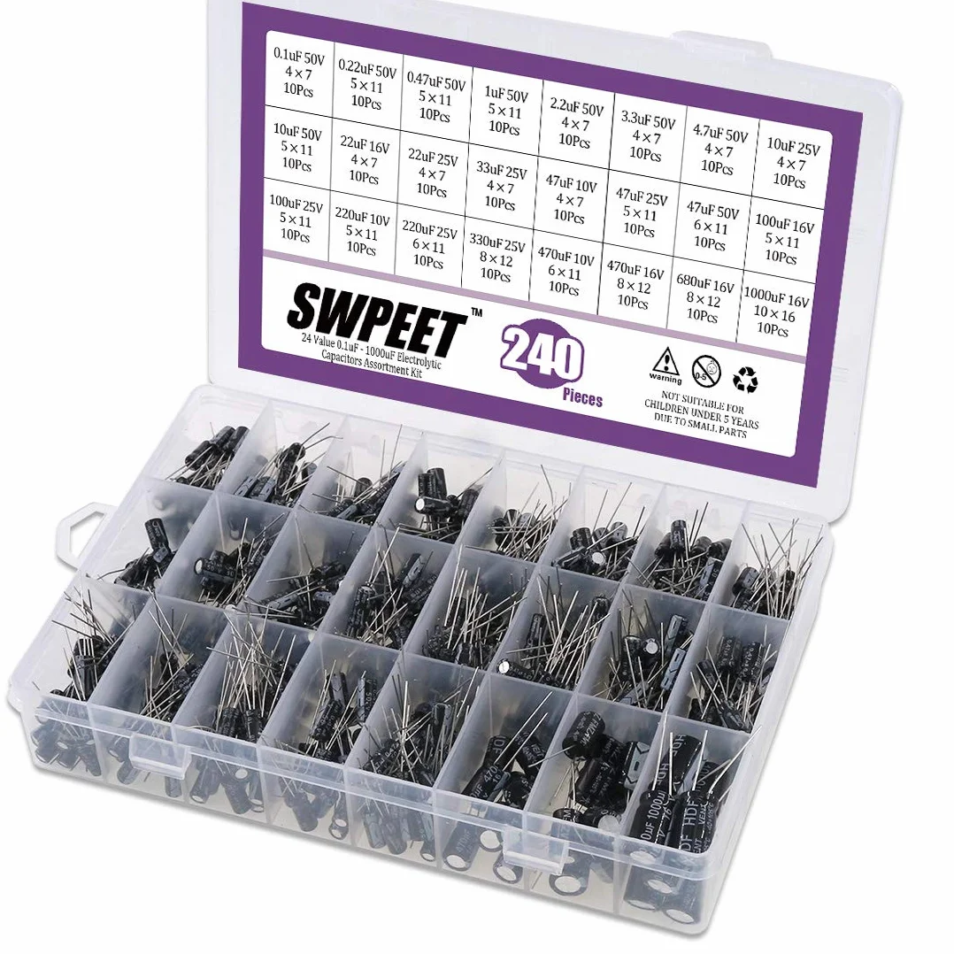Swpeet - 240 condensatori elettrolitici diversi, gamma 0.1uF-1000uF, kit di assortimento, 10 V/16 V/25 V/50 V
