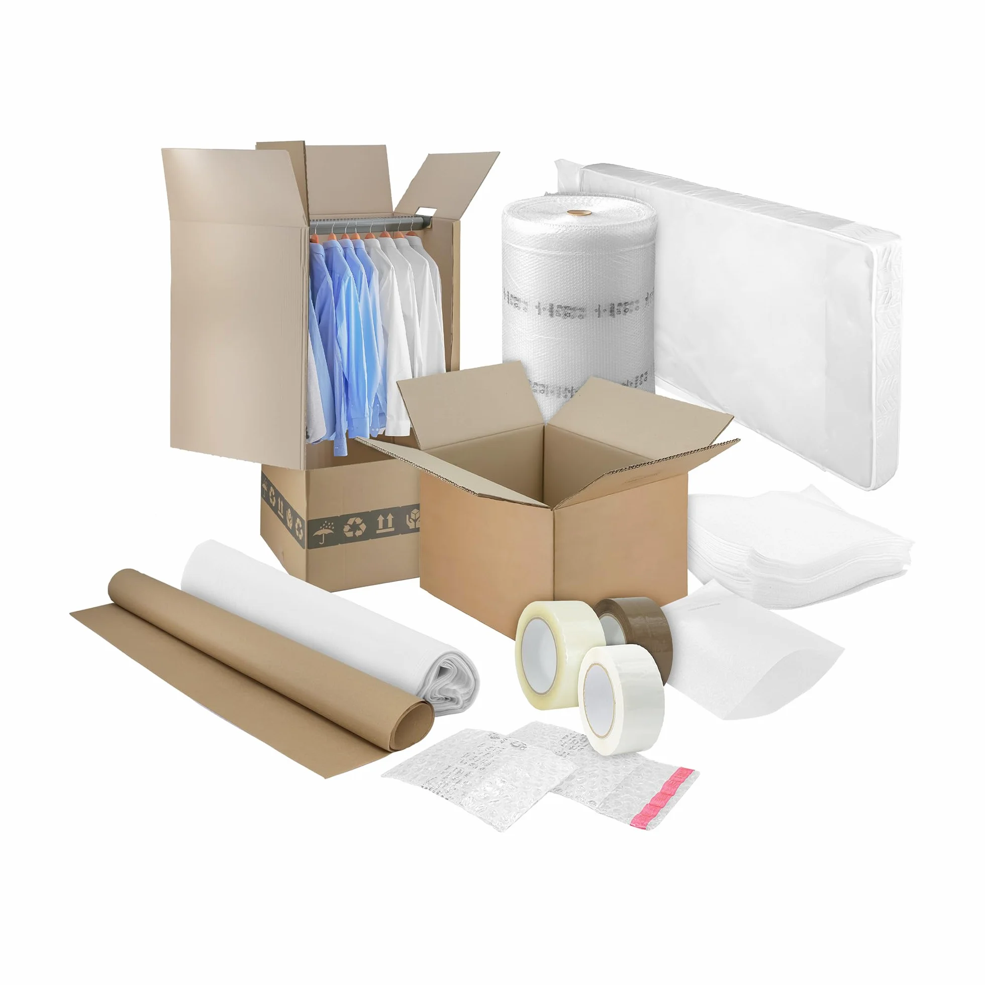 IMBALLAGGI 2000 - Kit Trasloco Appartamento 90mq - Scatoloni, Scatole Porta Abiti, Nastri da Imballo, Fogli Carta, Rotoli Pluriball, Sacco Materasso Matrimoniale e Singolo, Buste Porta Abiti