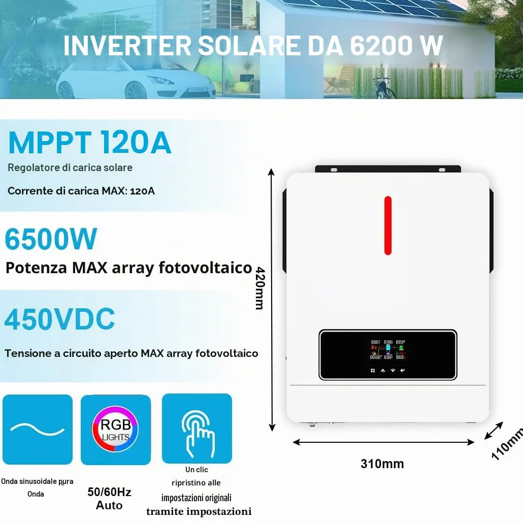 Y&H Inverter solare ibrido da 6,2 KW On/Off-Grid, 48 V AC220 V, due uscite di carico MPPT 120 A, caricatore solare Max PV, potenza 6500 W, input con comunicazione WiFi