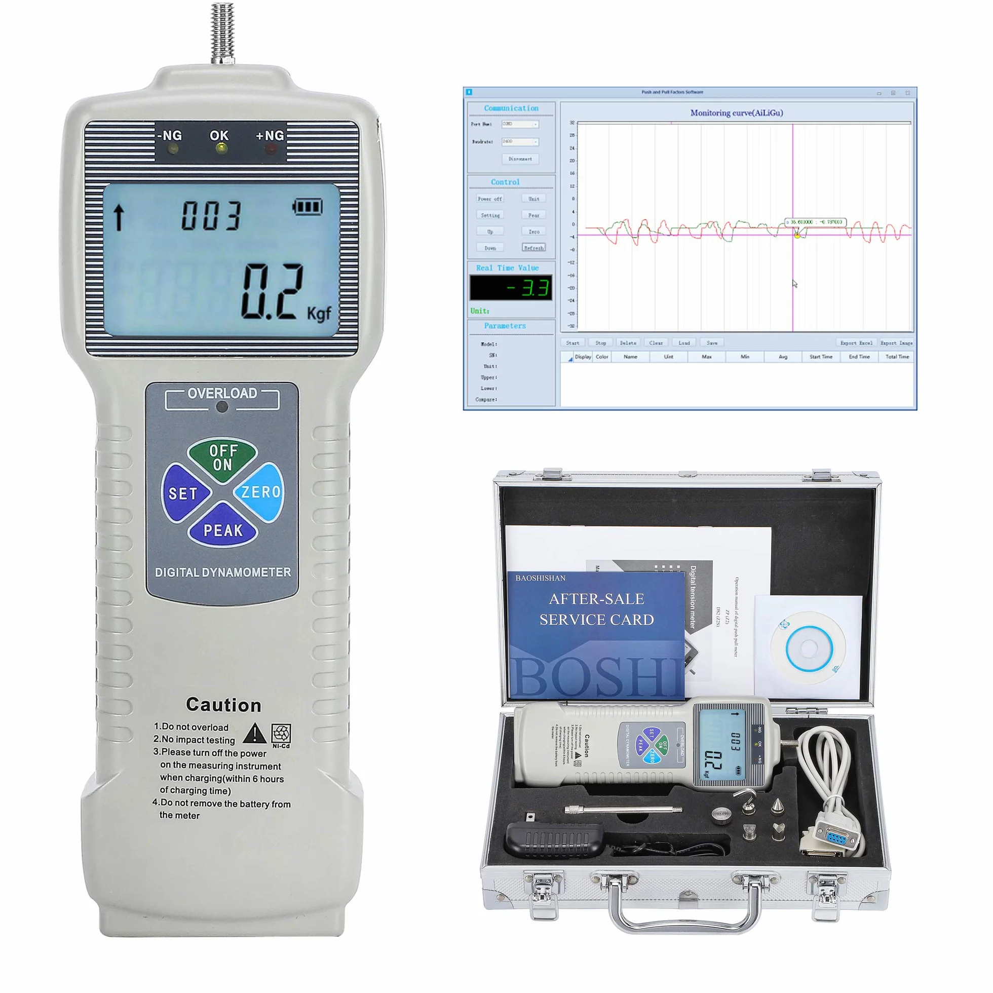 Indicatore di forza digitale Push Pull Gauge Tester con interfaccia USB RS232 Strumenti di misurazione della forza LCD Misuratore di spinta per Lab Force Test Test distruttivo ZP (200N)