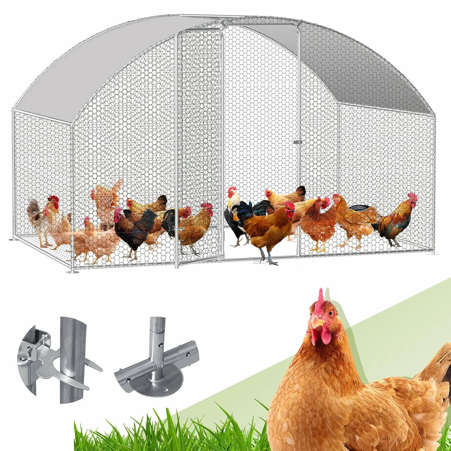 Randaco Recinzione per pollaio, 3 x 2 x 2 m, in acciaio zincato, Dome Roof, con panno impermeabile in polietilene e serratura, per polli, piante di piccoli animali, veloce da pulire