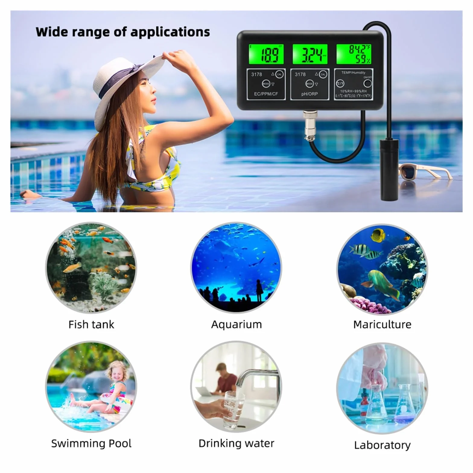 Misuratore di qualità dell'acqua multifunzione con comunicazione RS485, monitor PH ORP TDS EC CF Temp umidità,Multifunzionale