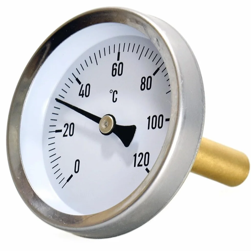 Termometro bimetallico da 63 mm con quadrante da 0 a 120 gradi Celsius e manicotto ad immersione, in acciaio inossidabile e ottone, progettato per il controllo della temperatura in varie attrezzature