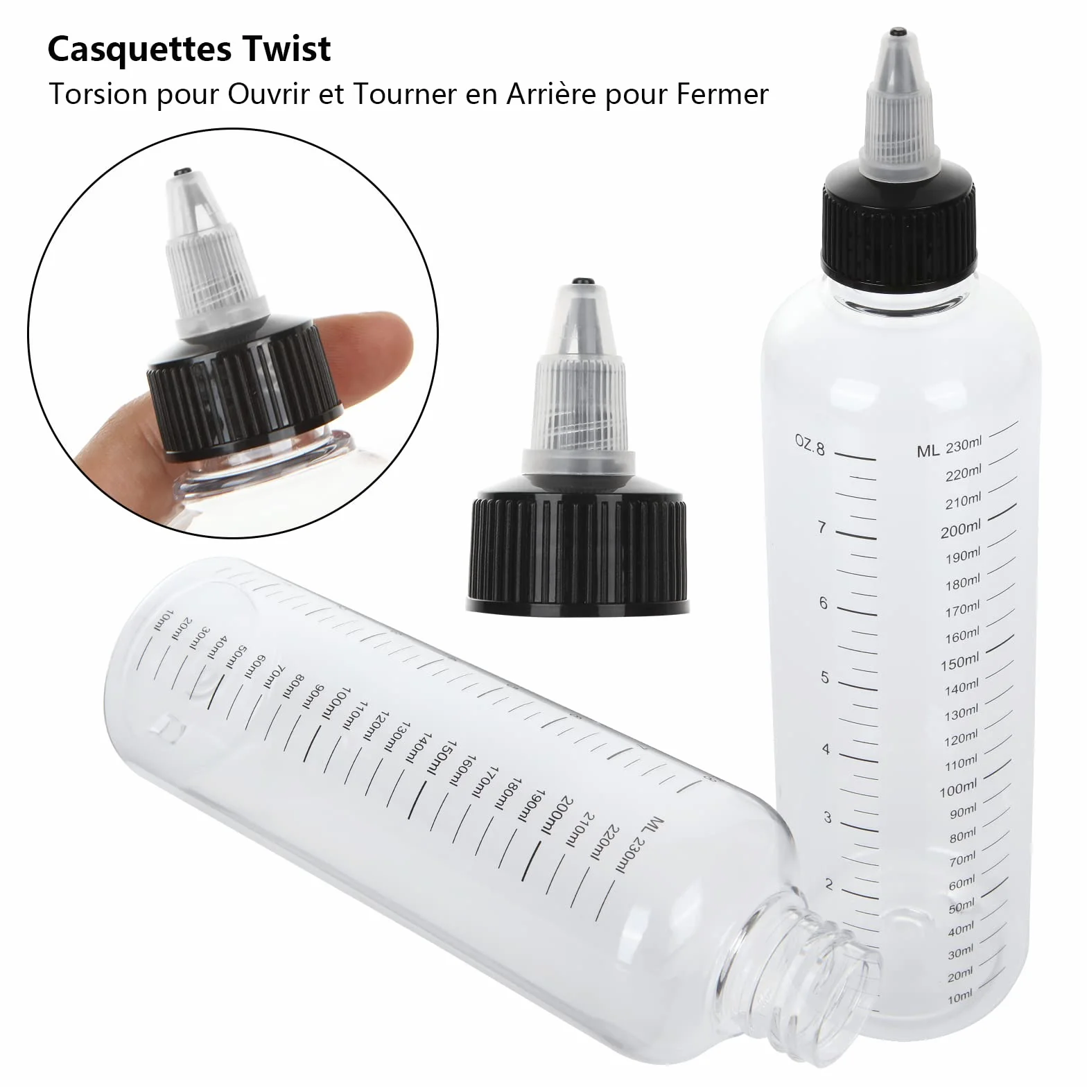 STARVAST 12 bottiglie di distribuzione da 250 ml, graduate con tappo a torsione nero, bottiglie di compressione vuote in plastica con scala per liquidi, inchiostri, oli