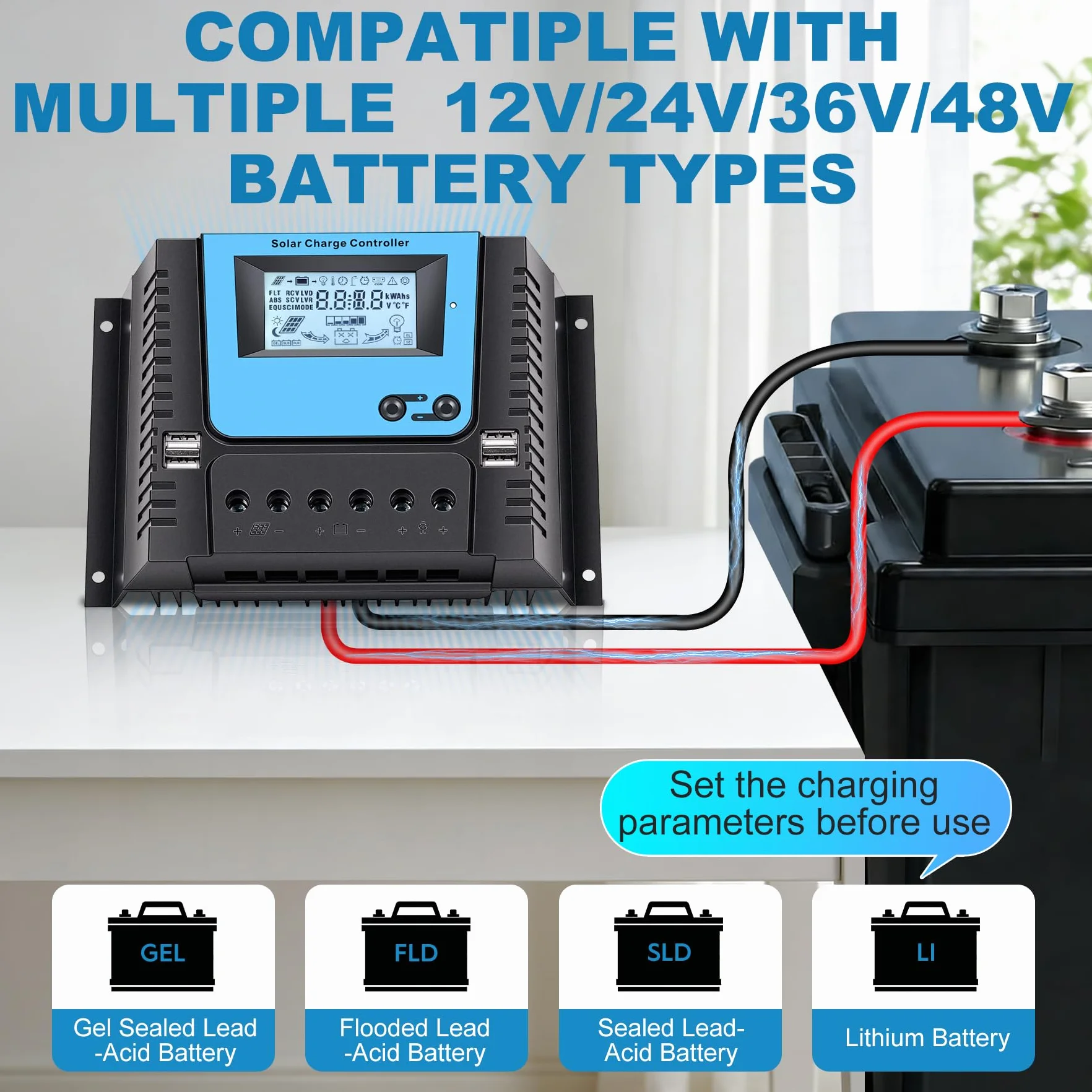 80A Regolatore di Carica Solare Con Bluetooth, PWM 80A Regolatore Carica Solare con Sensore Temperatura, LCD Display, 4 USB porte, Adatto varie 12V 24V 36V 48V Piombo e Litio Batterie