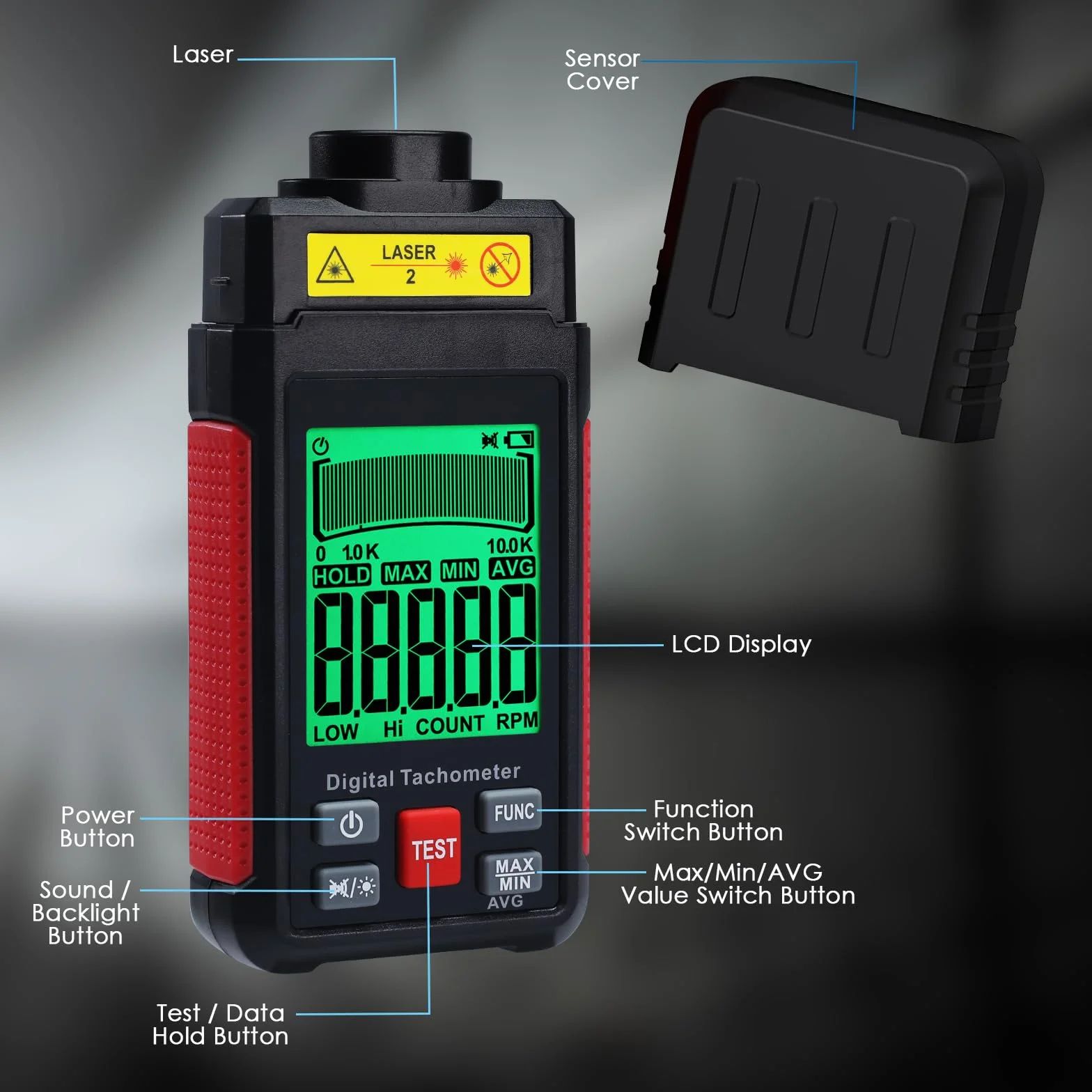Tachimetro laser contactless RPM 10-99999 giri/min, alta precisione con nastro riflettente, retroilluminazione LCD e max/min/media, funzione di supporto dati, sensore di rotazione per gebra domestica