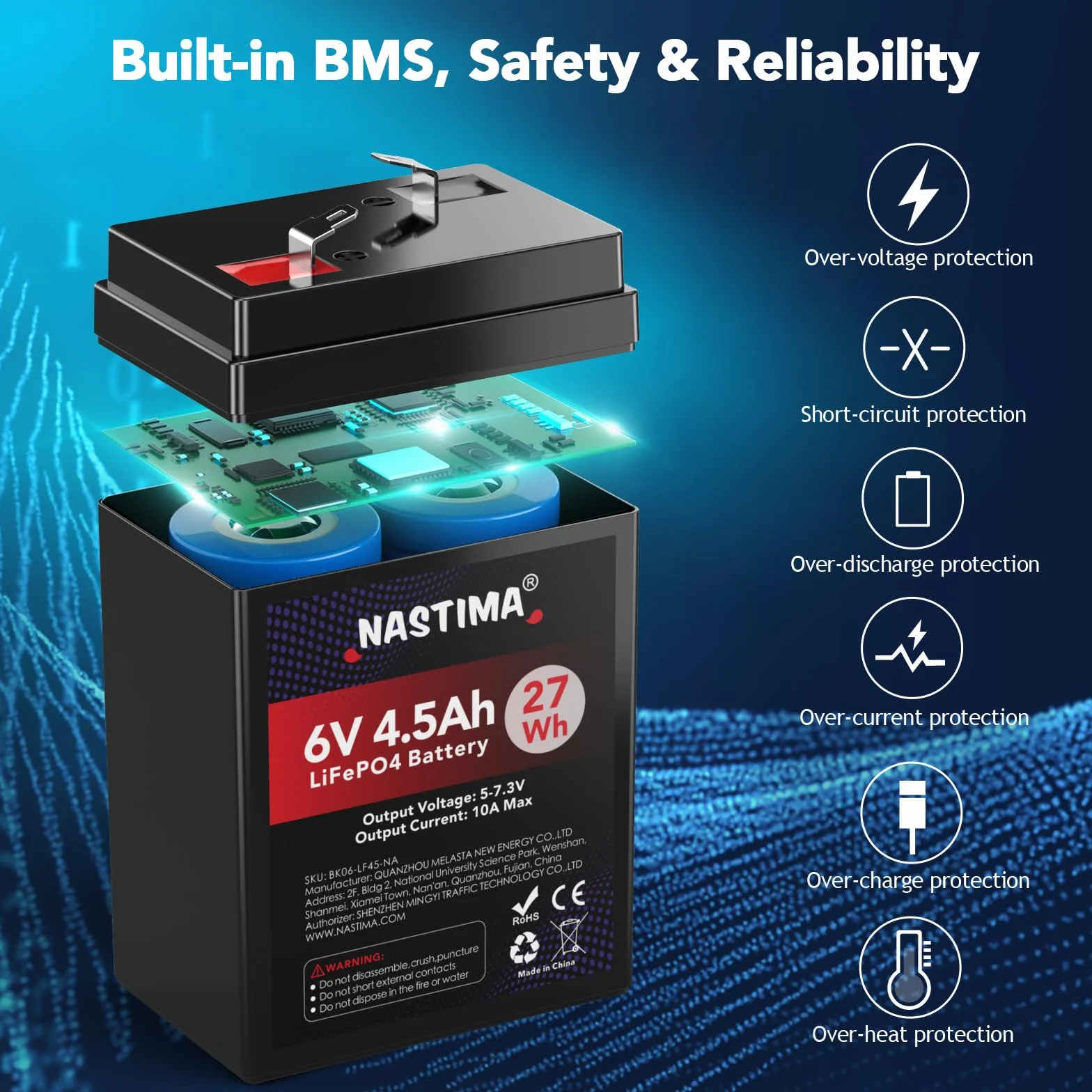 NASTIMA Batteria Ricaricabile 6V 4,5Ah LiFePO4 con Protezione BMS e Ciclo Profondo 2000, Telecamere di Sorveglianza, Macchinine per Bambini, Barche a Motore, Campeggio, Pannelli Solari