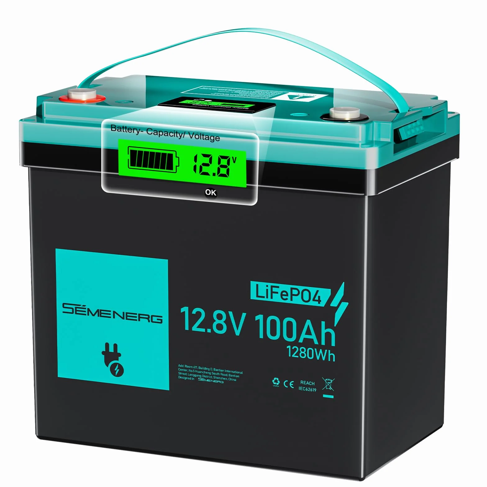 Batteria al Litio da LiFePO4 Mini 12V 100Ah con LED, 100A Intelligente BMS & Max.15000 Cicli, Batteria 12 Volt Deep Cycle 1280 Wh Ricaricabile per Camper, Sistemi a Energia Solare, Campeggio