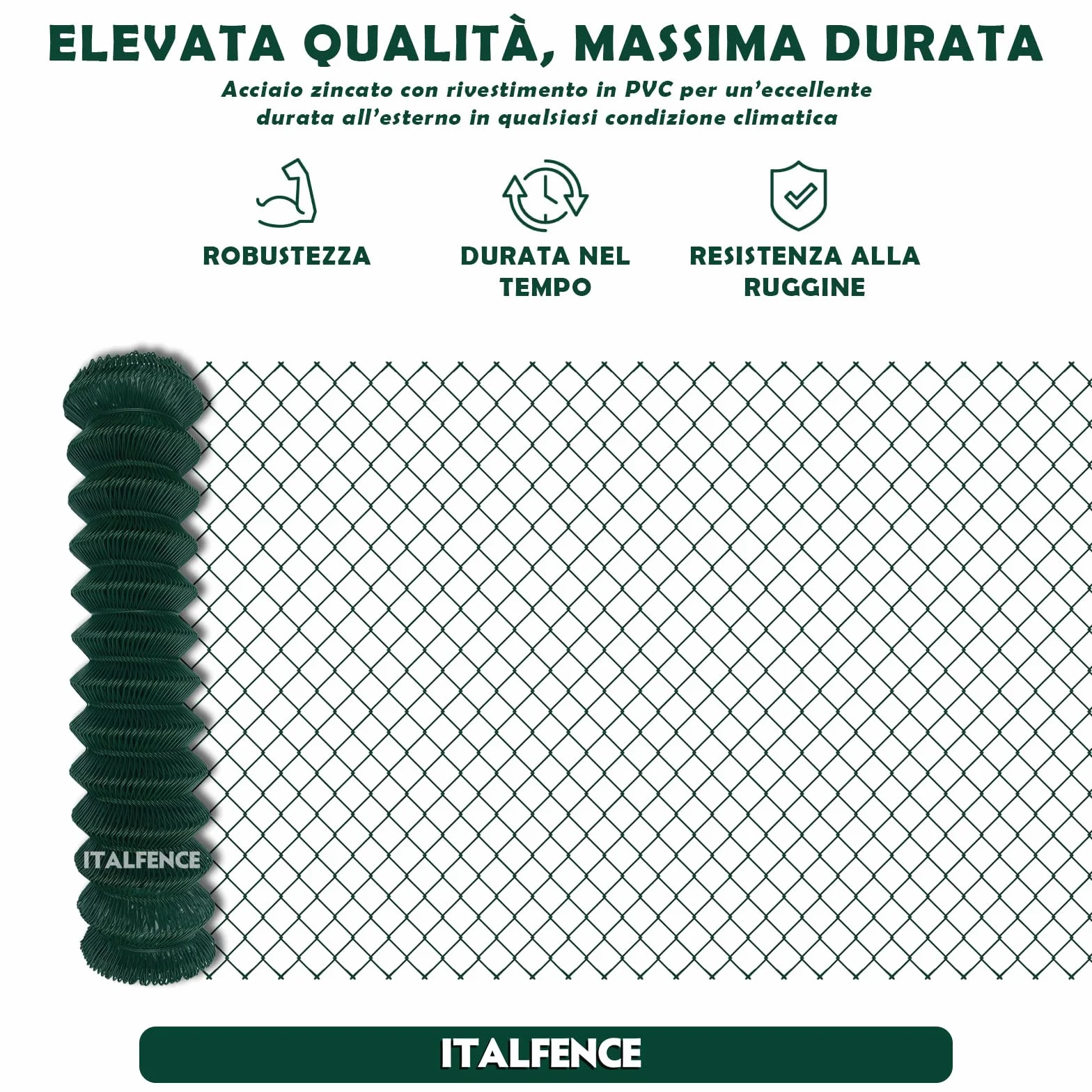Rete metallica plastificata romboidale a maglia sciolta per recinzione con filo per tensione, filo per legature e tendifili, 25m (Tutte le altezze) [Ø2,70mm, 125cm]