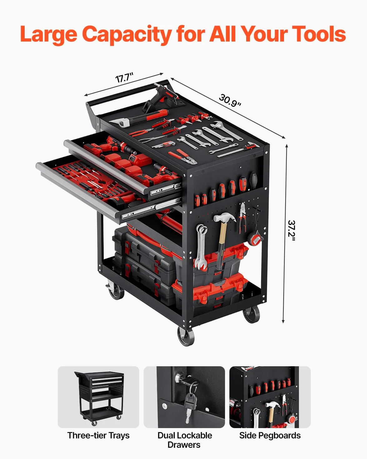 VEVOR Carrello Portautensili a 5 Ripiani con Ruote, Carico 181,4 kg Carrello da Lavoro con 2 Cassetti e Pannello Forato, Organizzatore per Utensili Meccanici con Sistema di Bloccaggio per Garage, Nero