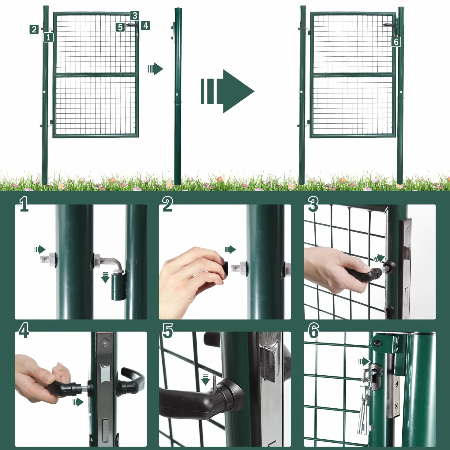 Cancello da giardino, 150 x 100 cm, in acciaio zincato, porta da giardino per recinzione, cancello da giardino, con manico in acciaio inox e 3 chiavi, colore: verde