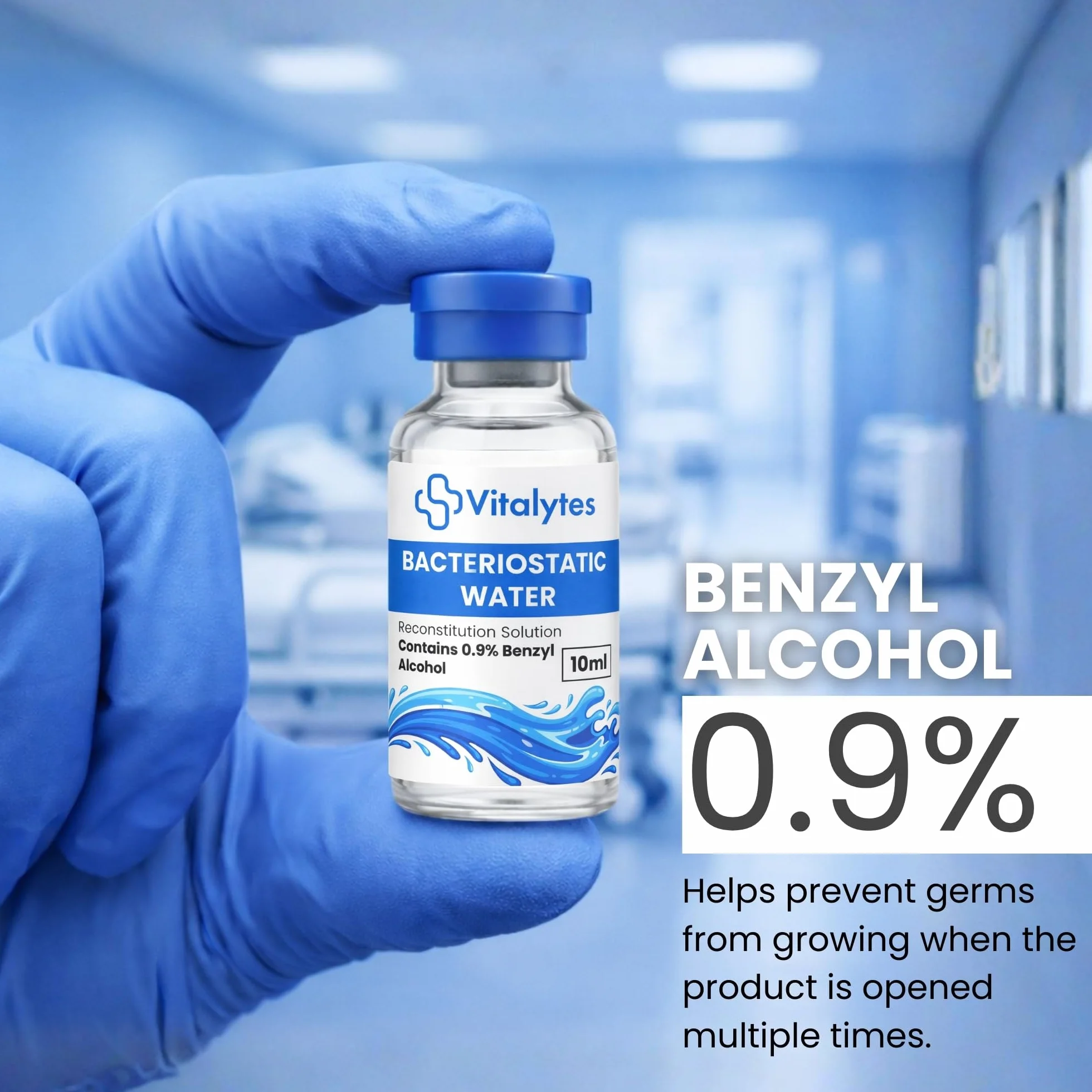 Vitalytes Acqua batteriostatica 10 ml soluzione ricostituzione laboratorio alcool benzilico 0,9% diluente sterile vetro borosilicato