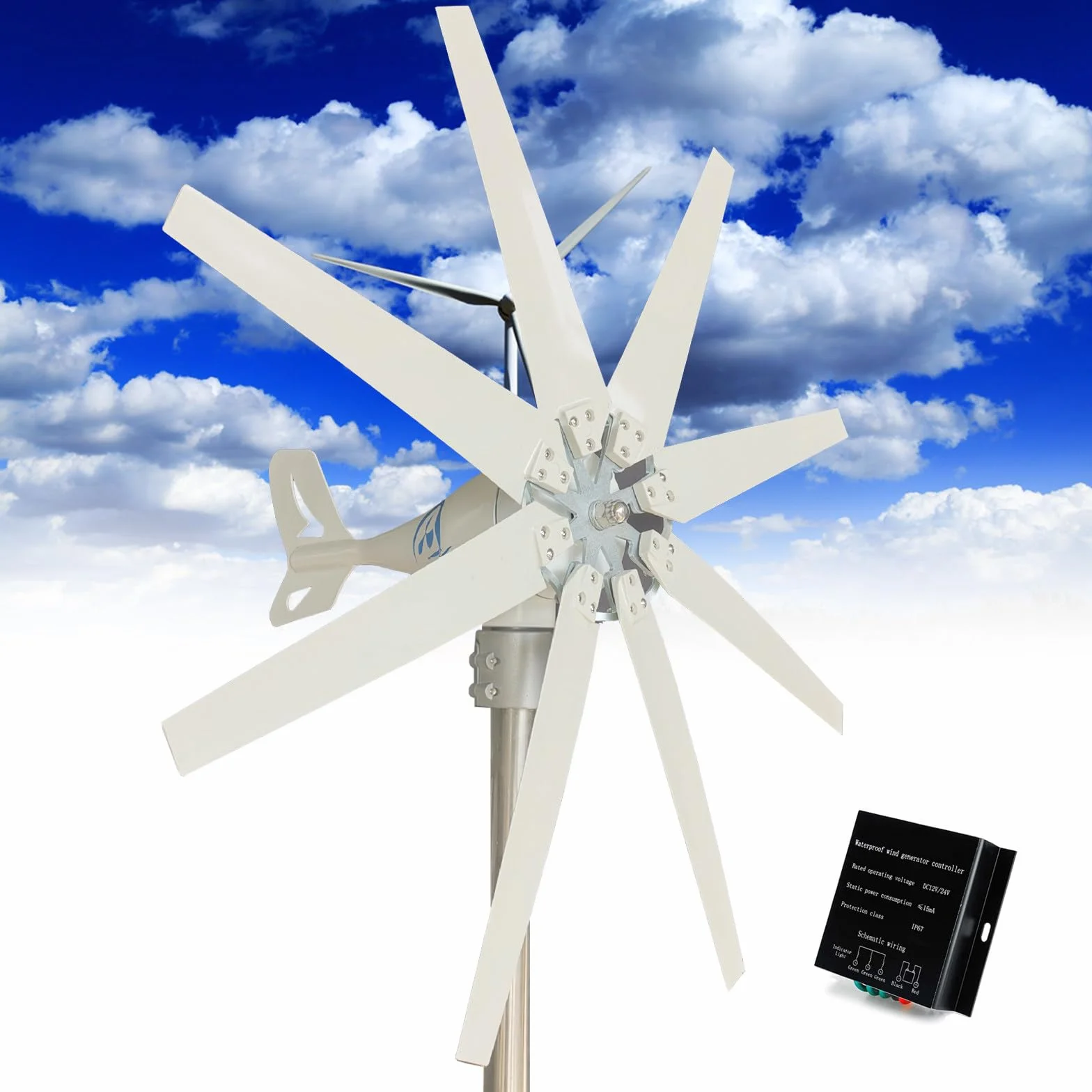 Generatore Eolico 14000W DC 12V/24V/48V/110V/220V con 8 Pale Kit Turbina Solare con Controller Ibrido per Integrazione Energetica Domestica