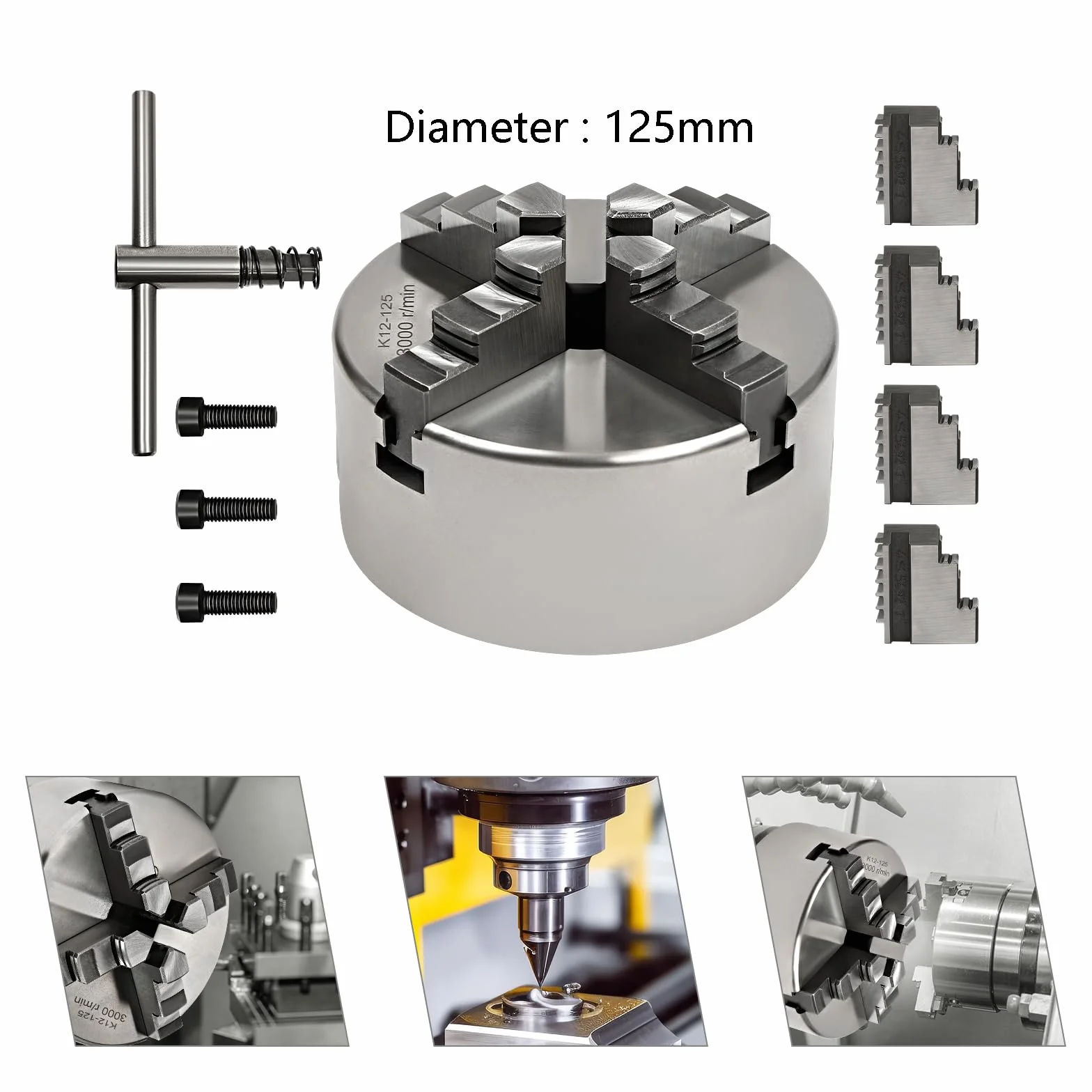 4 mandrini, mandrino autocentrante, 80/100/125 mm, alta precisione, regolabile su ganasce positive/negative, per tornio (125 mm)
