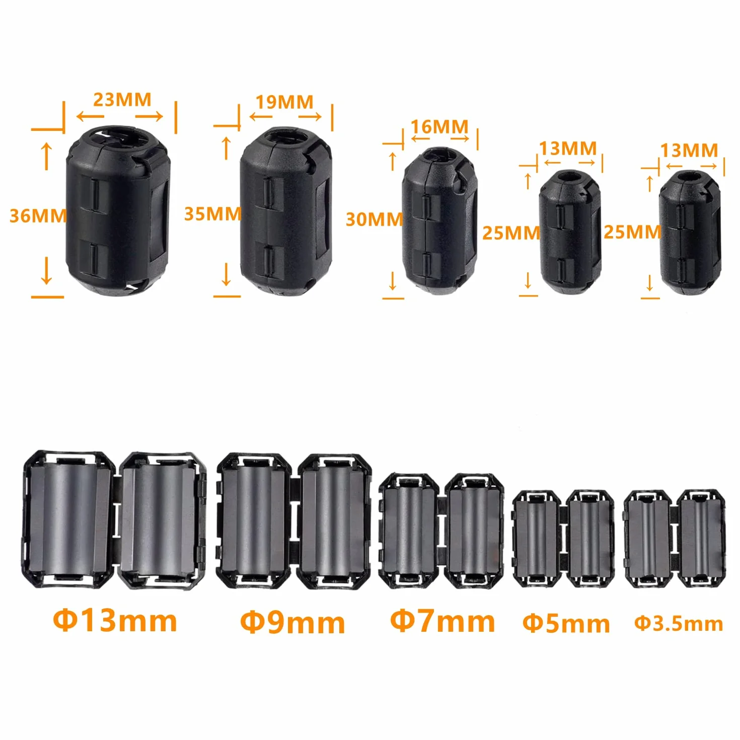 5 Valori 28 Pezzi Clip-on Nero Anello di Ferrite Nucleo RFI EMI Silenziatore del Rumore Clip per Cavo da 3.5mm 5mm 7mm 9mm 13mm di Diametro