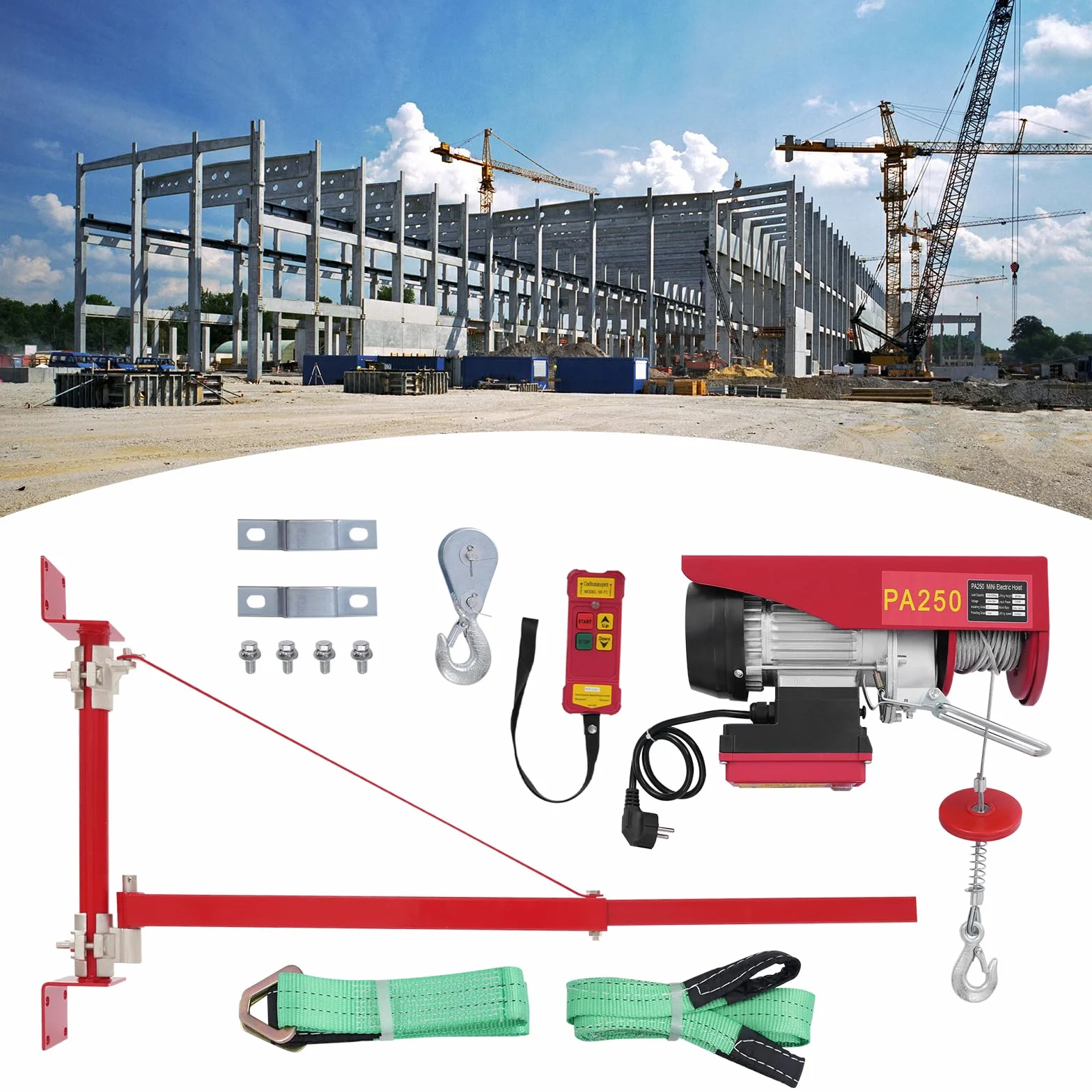 Verricello elettrico 250 kg – 12 m di altezza di sollevamento, cavo elettrico con braccio girevole e telecomando radio 550 W, rivestimento elettrico sicuro per garage cantieri e magazzini (supporto