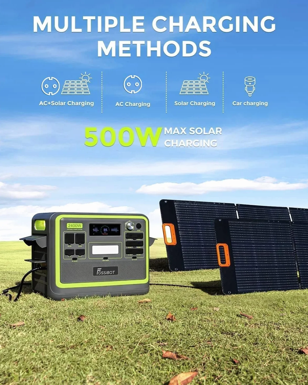 FOSSiBOT F2400 Generatore Solare con Pannelli Solari da 420 W, Batteria LiFePO4 da 2048Wh con Uscita da 2400 W, Ricarica Rapida di 1,5 ore, Centrale Elettrica Portatile per Campeggio e Camper