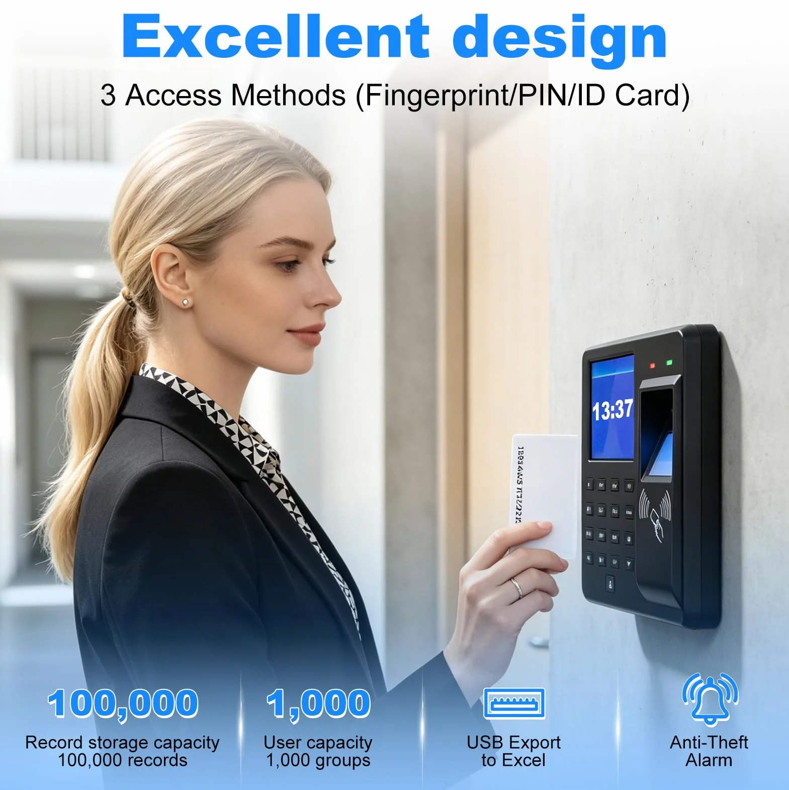 Rilevamento del tempo per piccole imprese, timbri con impronte digitali, password e ID (schede 15ID incluse), registrazione dell'orario di lavoro con esportazione USB, nessun costo mensile