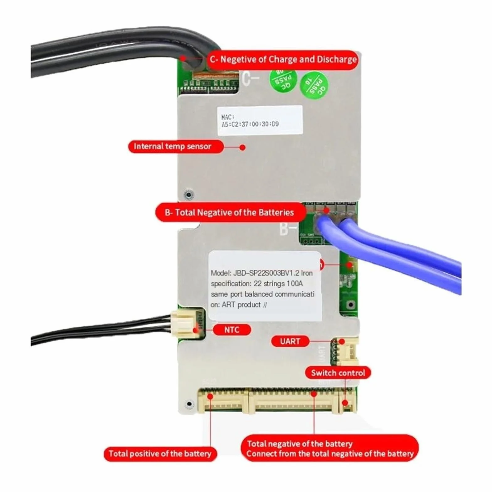 Piastra di protezione della batteria agli ioni di litio Bilanciatore BMS 6S 8S 10S 12S 14S 15S 16S 18S 20S 21S 22S BMS Lifepo4 100A 80A 50A 40A 24V 36V 48V 60V BT integrato con NTC(Li-ion 6-21S,80A UA