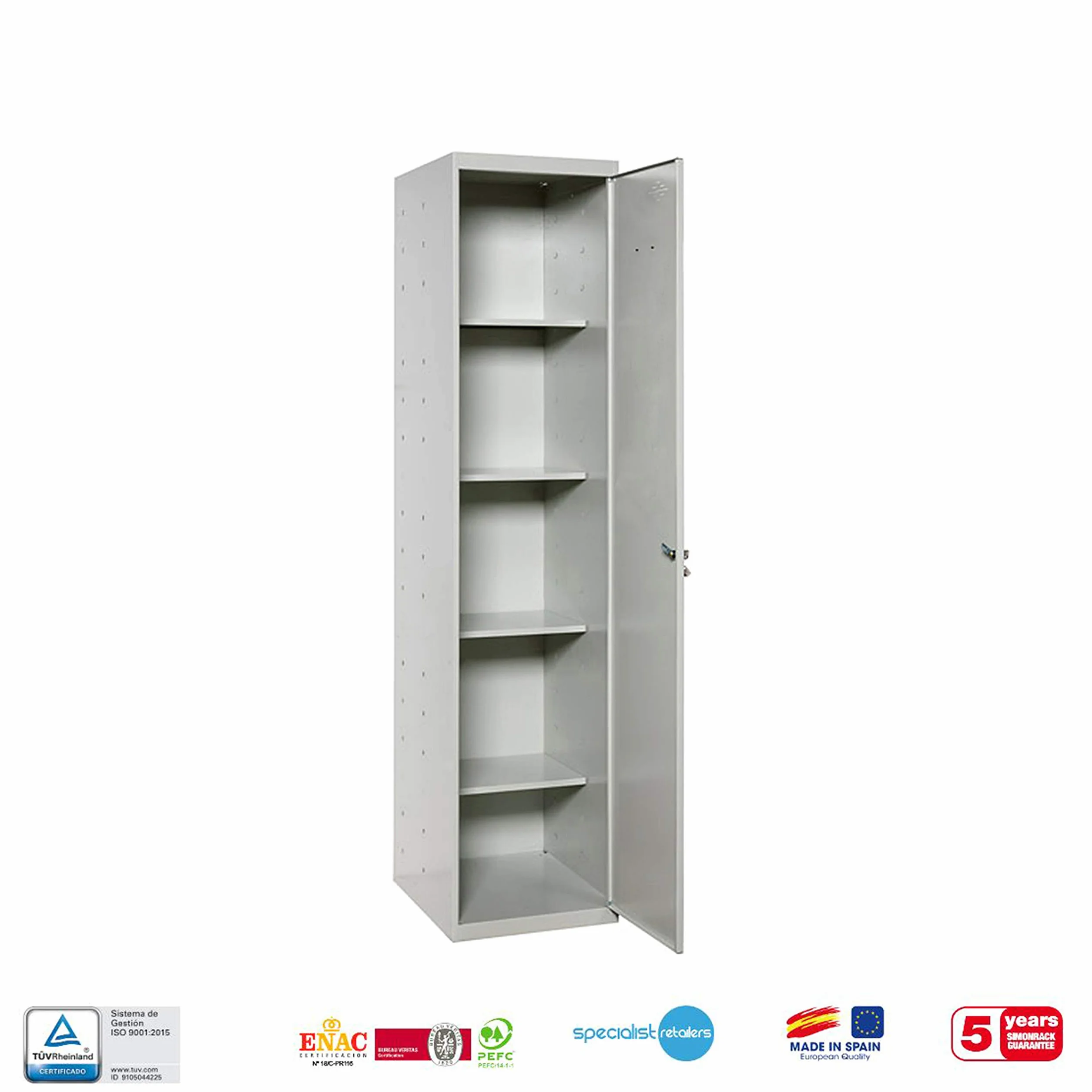 Simon Rack Armadio Metallico Multiuso per Garage e Ufficio, 1800 x 400 x 400 mm, 1 anta, 4 ripiani regolabili, con serratura, grigio - Simonlocker