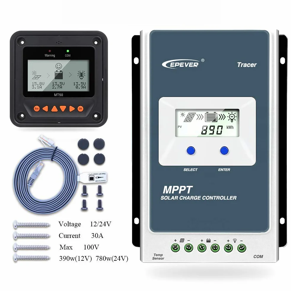 EPEVR MPPT Solar Charge Controller Tracer A Serie 10A/20A/30A/40A con 12V/24V DC Identificazione automatica della tensione di sistema(30A+MT50)