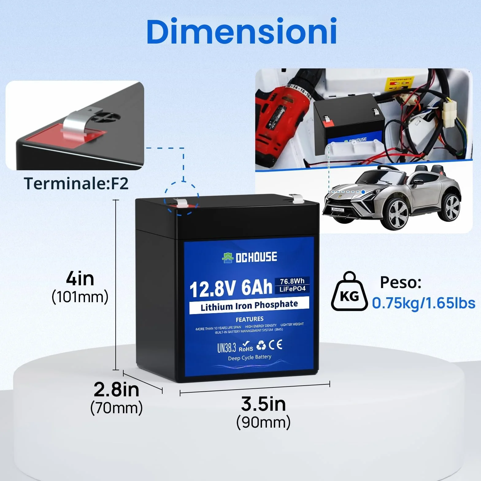 DCHOUSE Batteria Litio 12V 6Ah Mini, Max.15000 Cicli e Con Protezione BMS, Ricaricabile Batteria LiFePo4 12V Per UPS, Ecoscandaglio, Passeggino, Pannello Solare, Campeggio, Impianto Solare, Camper
