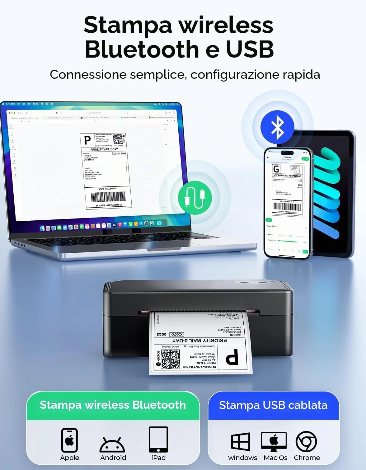 SVANTTO Stampante etichette spedizione Bluetooth 10x15cm, compatibile con e Bay, Etsy, Shopify, Compatibile con iOS, Android, macOS e Windows, Offre un’ampia libreria di etichette personalizzabili