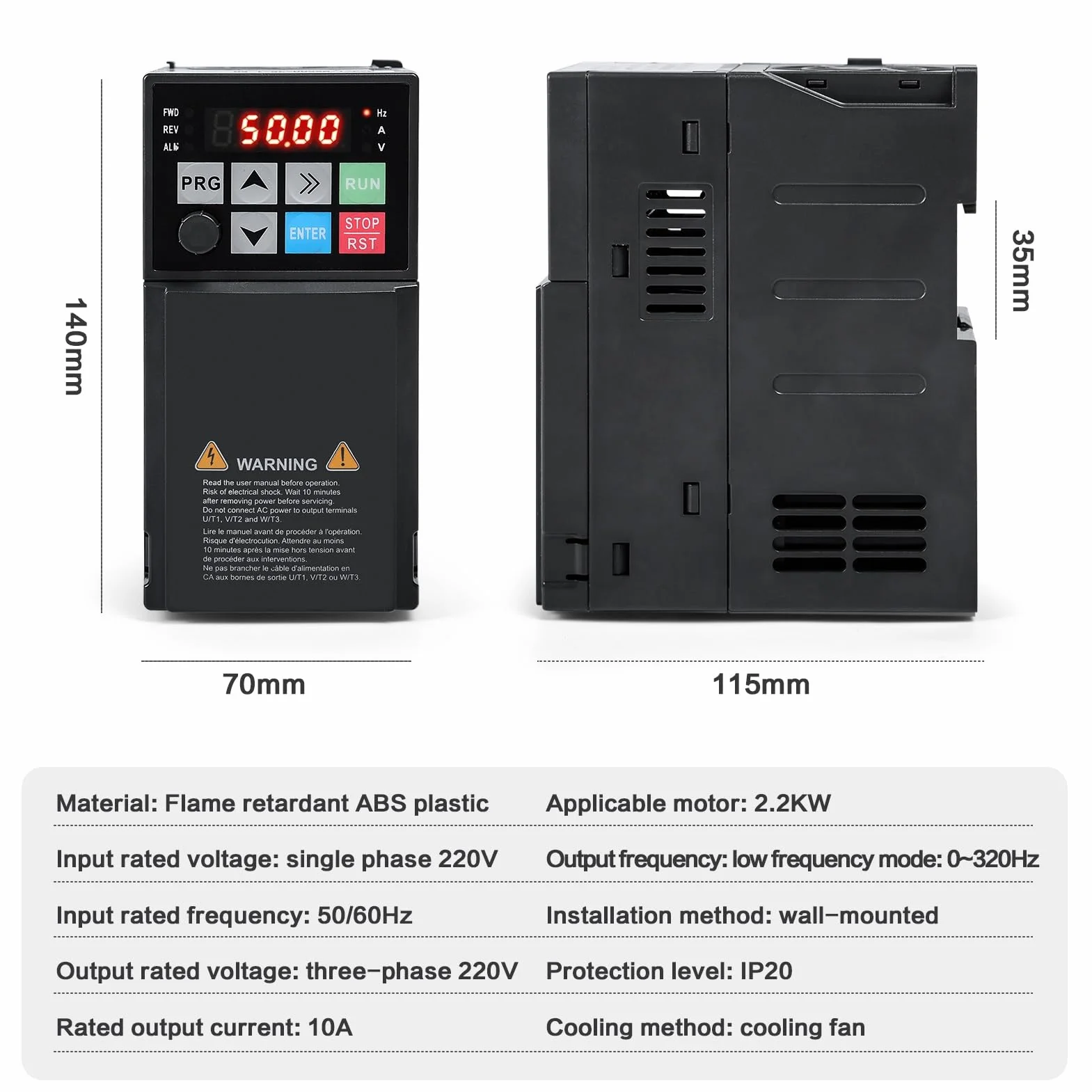 DEWIN Inverter per Motori Trifase 2.2 KW 220V Ingresso Monofase Uscita Trifase,Azionamento a Frequenza Variabile VFD Regolatore velocità del Motore 220V(Modello di Fabbrica:MS500-2S-2.2G）