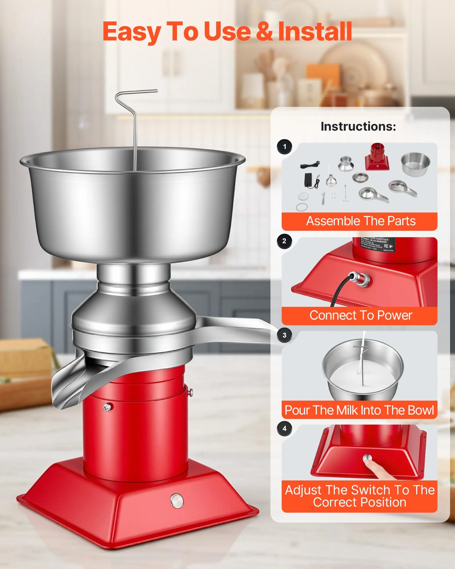 VEVOR Separatore di Latte Elettrico 40 W Centrifuga per Latte Elettrica 60 L/h Controllo a Pulsante, Separatore Panna 10500 giri/min Acciaio Inox 304 Centrifuga Panna con Serbatoio da 4,5 L da Cucina