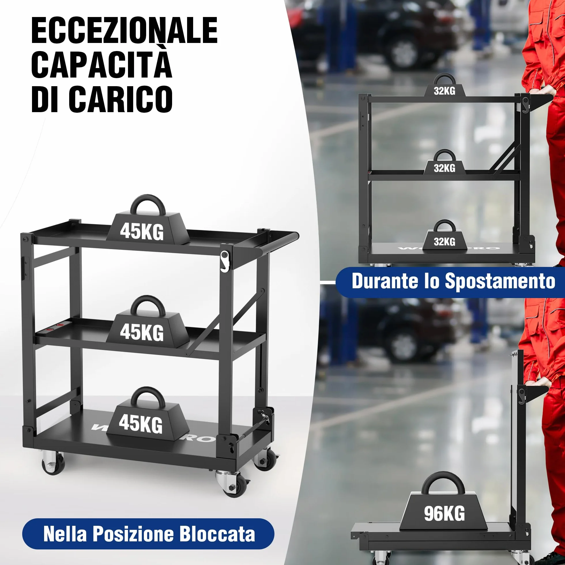 WORKPRO 3-IN-1 Carrello Porta Attrezzi con Ruote Portatutto a 3 Ripiani, Carrello Officina multifunzione carico di 135 kg con 4 Ruote (2 con Freno) Ideale per garage, magazzini, uffici, cucine