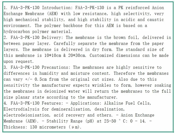 Membrana a scambio anionico ad alte prestazioni FAA-3-PK-75 e FAA-3-PK-130 for elettrolisi alcalina ed elettrodialisi - Opzioni di spessore e dimensioni ottimali(FAA-3-PK-130-10CMx10CM)