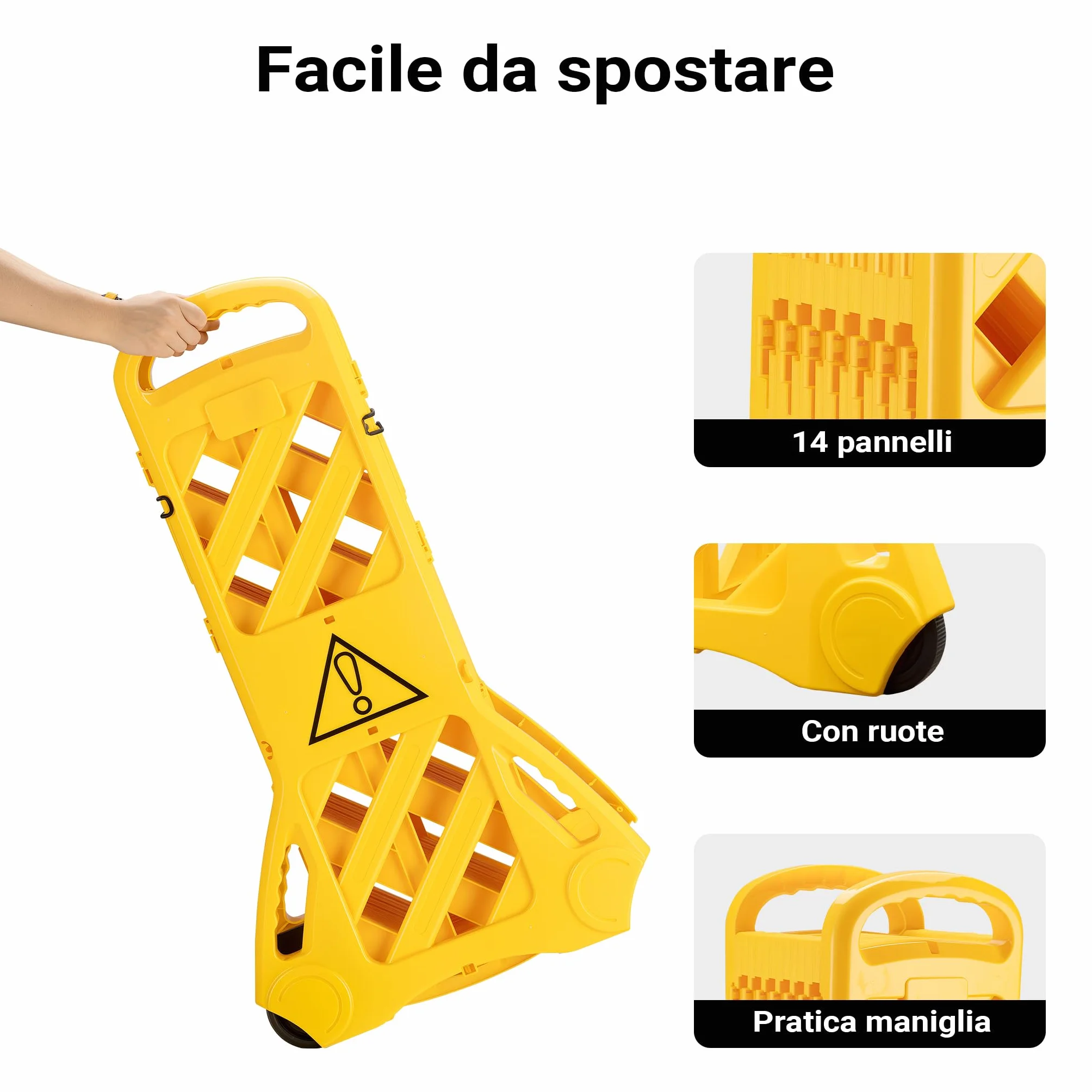 Wiltec Barriera mobile portatile, barriera pieghevole 60 x 32 x 101 cm, recinzione estensibile fino a 3,9 m con ruote e maniglie, barriera in PE robusto