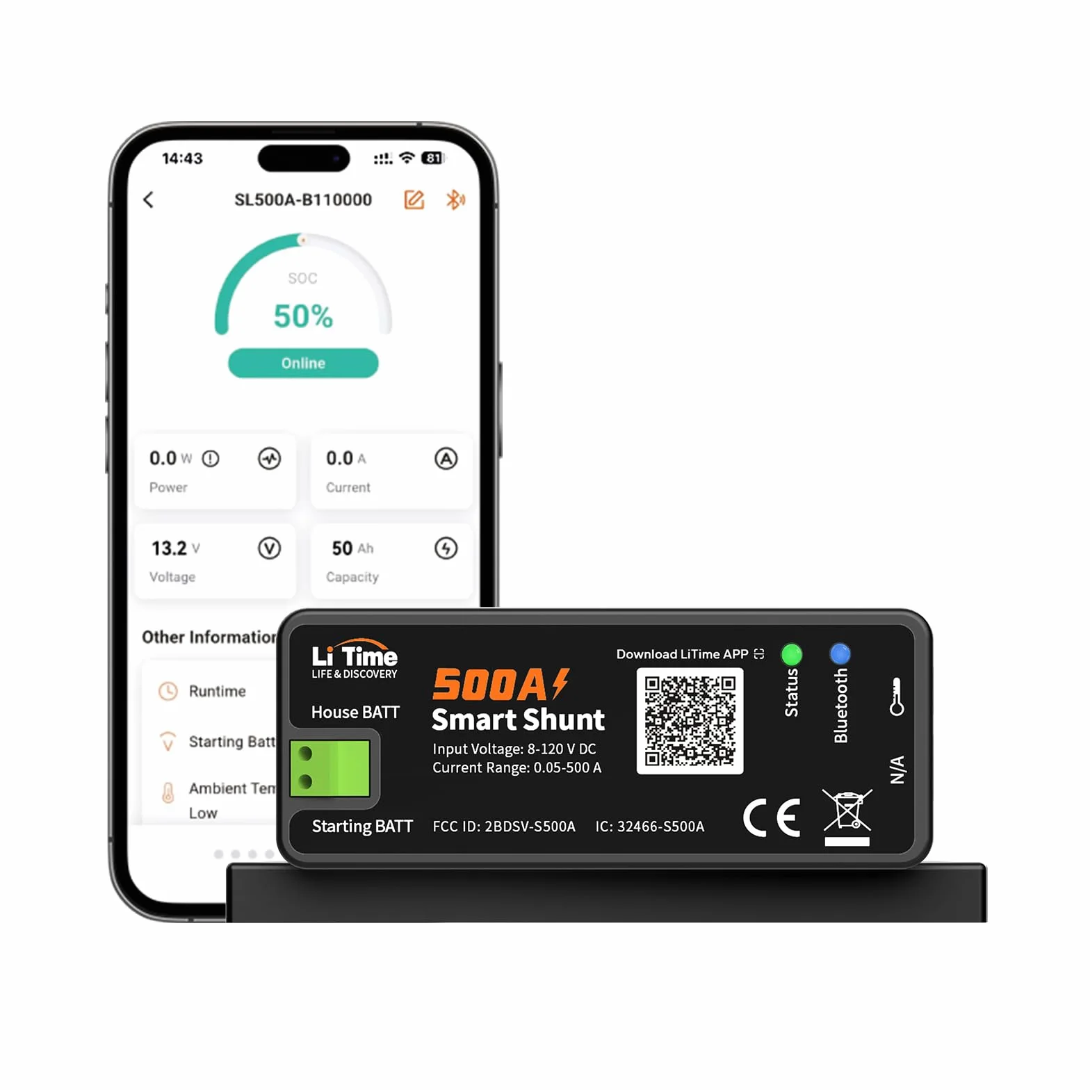 LiTime Smart Shunt 500A, Monitor Batteria Bluetooth 8V-120V con SOC, Allarmi e Cronologia tramite App per Batterie Litio/LiFePO4, AGM, GEL, per Camper, Barca e Accumulo Domestico