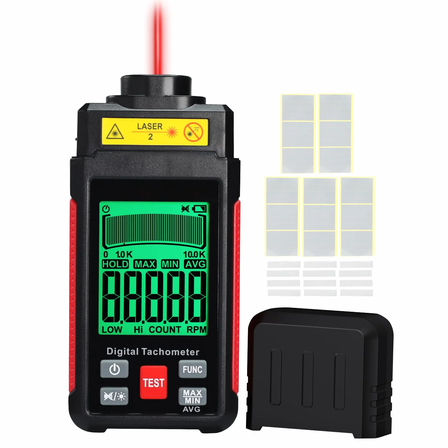 Tachimetro laser contactless RPM 10-99999 giri/min, alta precisione con nastro riflettente, retroilluminazione LCD e max/min/media, funzione di supporto dati, sensore di rotazione per gebra domestica