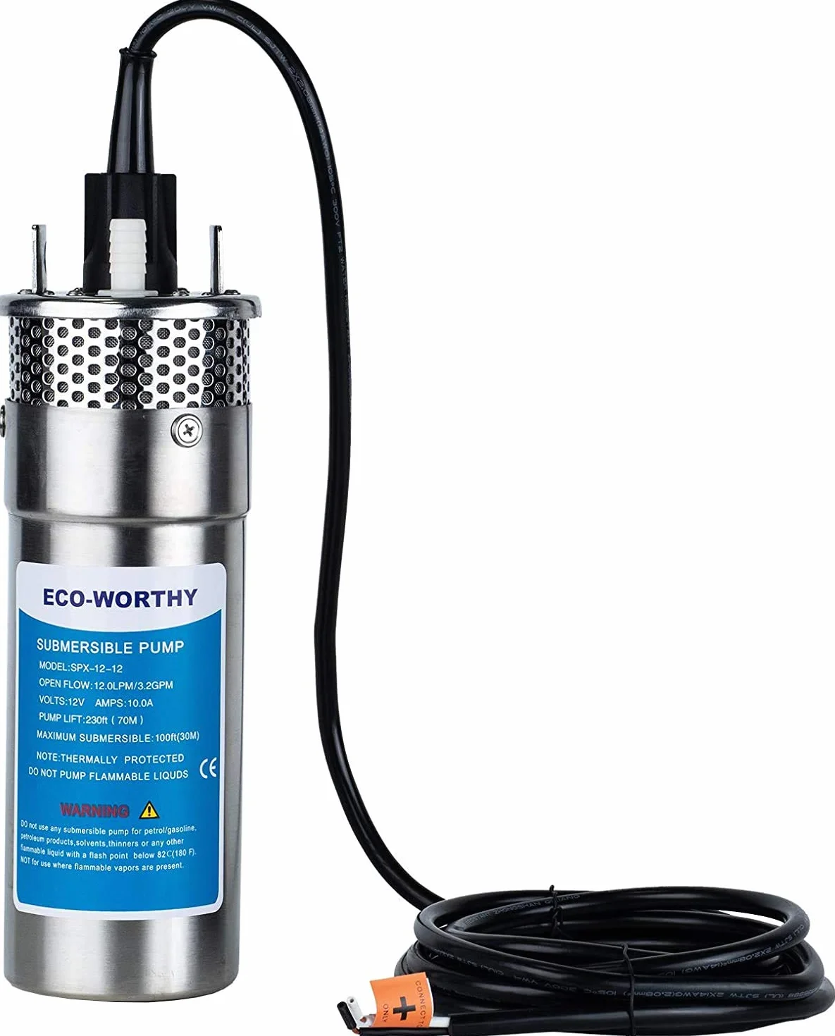 DCHOUSE Pompa Sommergibile per Pozzi 12V DC in Acciaio Inossidabile, Alimentata a Energia Solare, Altezza di Sollevamento 70 m, Profondità Massima di Immersione 30 m