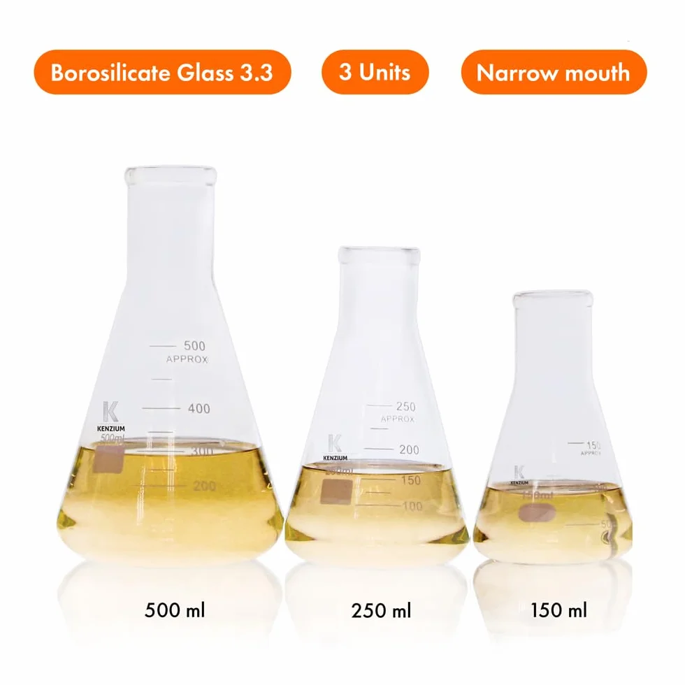 KENZIUM - Pack 3 x Beuta Erlenmeyer | Formati: 150, 250 e 500 ml | Vetro Borosilicato 3.3 | Graduazione Stampata | Collo Stretto | Ideale Laboratorio, Scuola