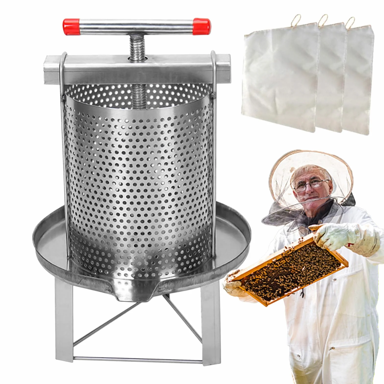 Pressa per miele, in acciaio inox, con 3 filtri per miele, manuale per estrarre il miele, forniture per api per miele, vino, frutta, cera